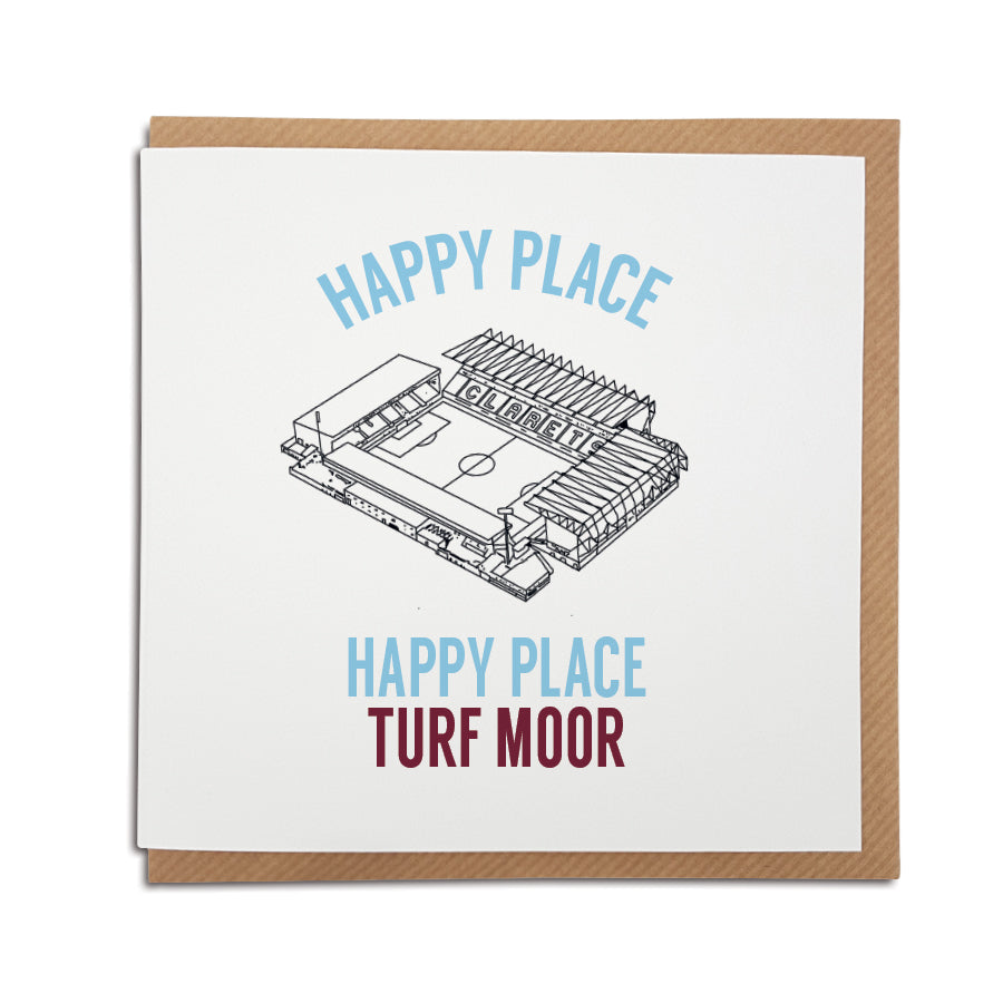 A handmade Burnley Football Club Christmas Card based on Jordan North. A unique card, perfect for any clarets supporters. Greetings card is printed on high quality card stock. Based on the hilarious moment where Jordan North, during a trial on I'm a Celebrity came out with the catchphrase 'Happy place, happy place, Turf Moor' Card reads: Happy place, happy place, Turf Moor (features an illustration of the Turf Moor stadium)