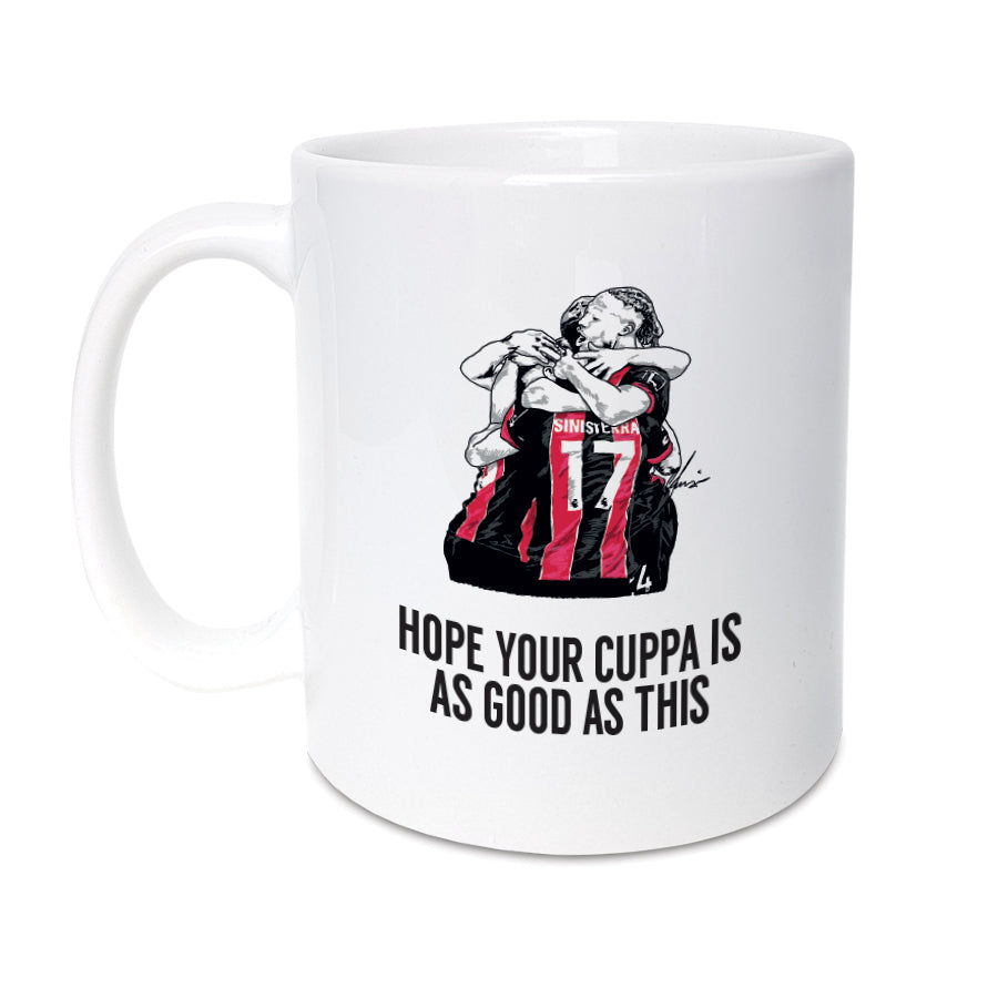 AFC Bournemouth players celebrate a dramatic comeback win against Everton on 31st August 2024, illustrated on a white coffee mug designed by local lingo
