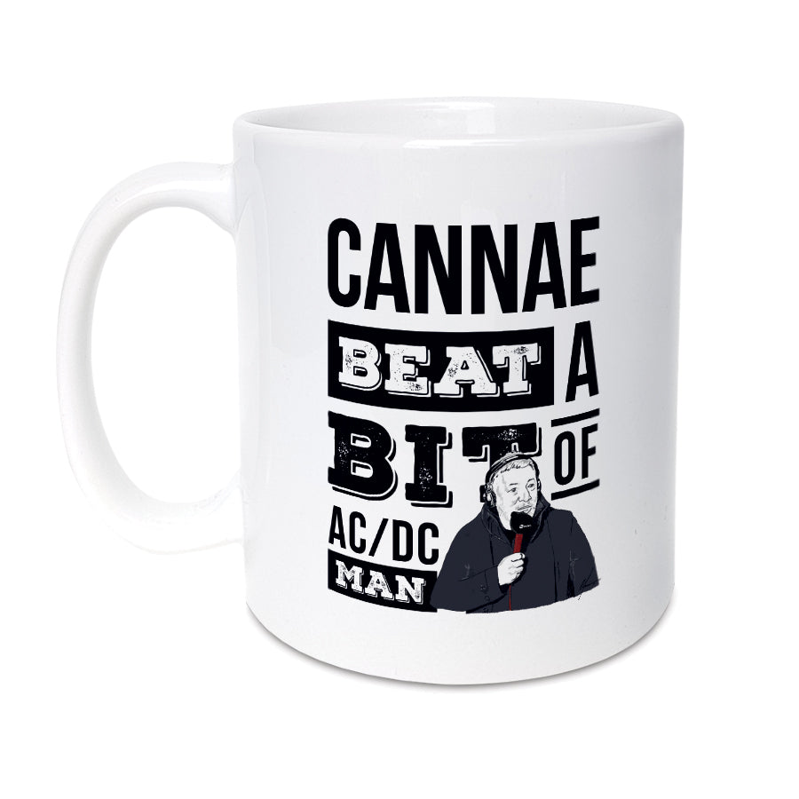 Ally McCoist AC/DC quote mug featuring a hand-drawn illustration of the football legend and his iconic phrase "Cannae beat a bit of AC/DC, man" designed by Local Lingo.