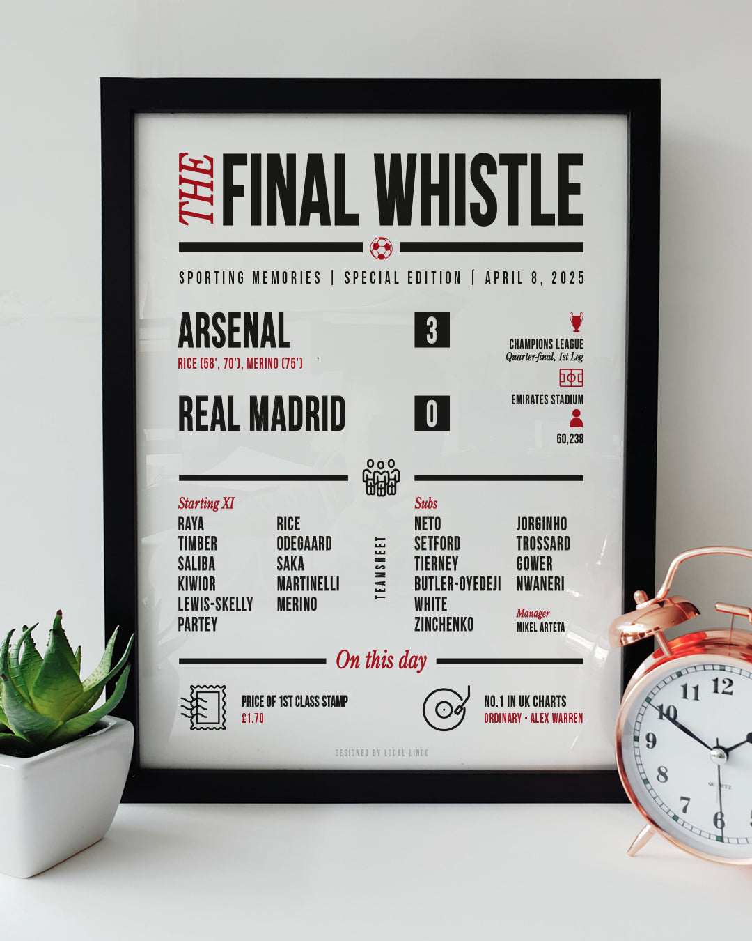 Local Lingo's 'The Final Whistle' football print commemorating Arsenal's 3-0 victory over Real Madrid in the Champions League Quarter-final on April 8, 2025. Features match report, team lineups, and key statistics.