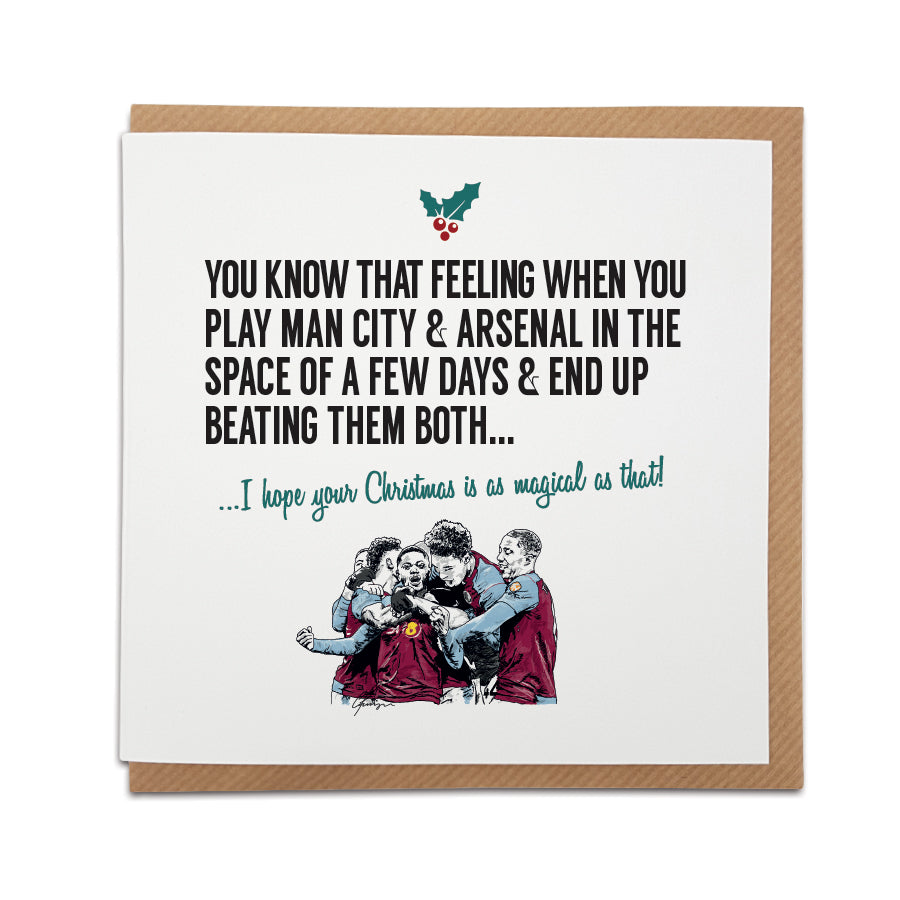Aston Villa Christmas card from Local Lingo, featuring players in celebration with text about beating Man City and Arsenal, and a festive message.