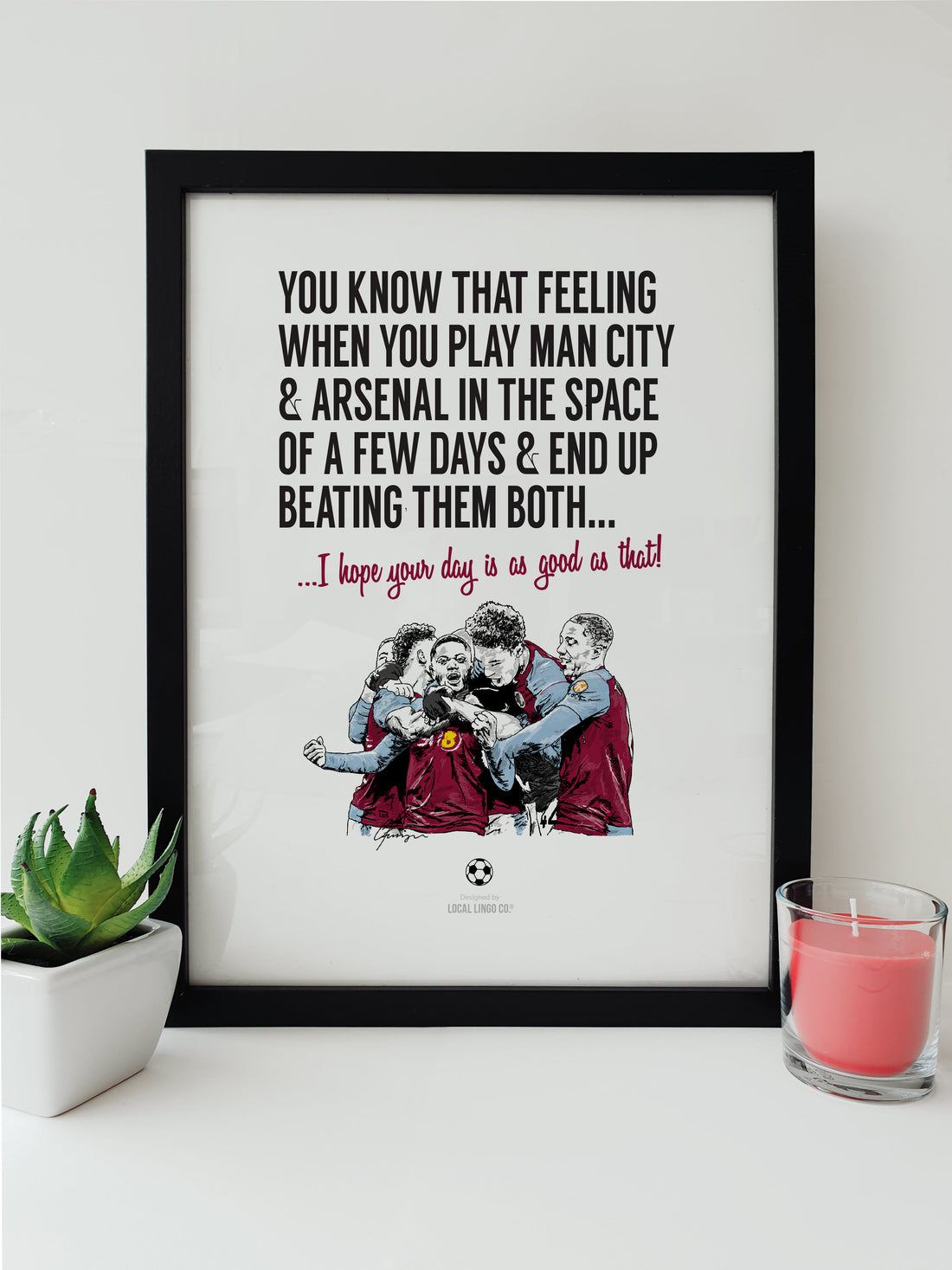 Local Lingo's Aston Villa-themed Christmas card celebrating wins over Man City and Arsenal, with players in a joyous huddle and a seasonal wish for a day as good as winning.