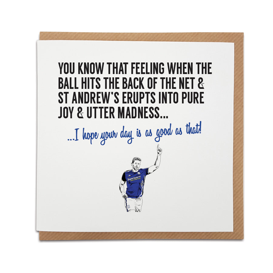 Local Lingo's Birmingham City themed card with two text options: 'I love you more than that!' and 'I hope your day is as good as that!', depicting the joyous moment when a goal is scored at St Andrew's.