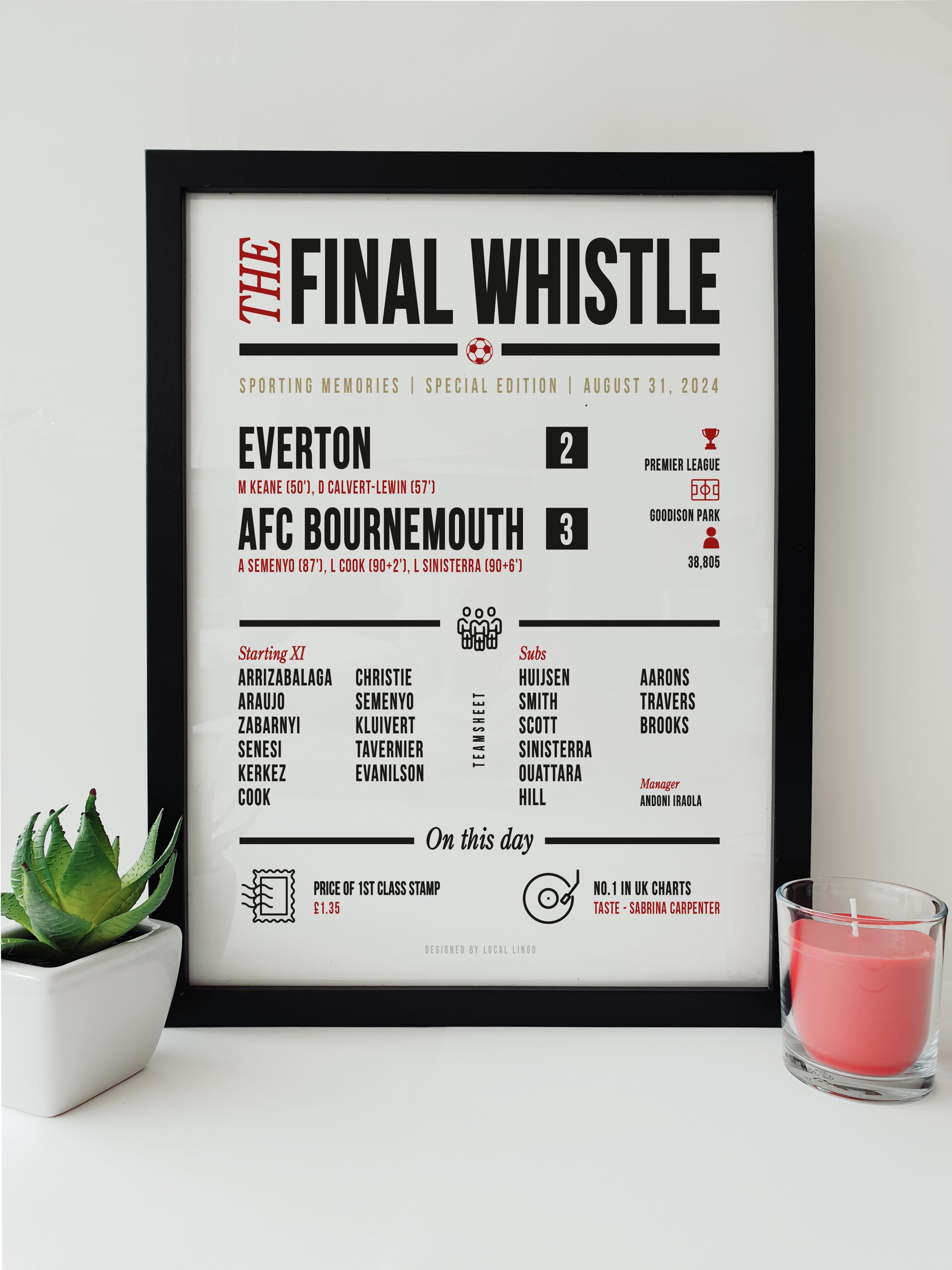 Everton vs AFC Bournemouth 2024 The Final Whistle Match Report Print by Local Lingo, featuring detailed match information in black and red text on a white background in a black frame.