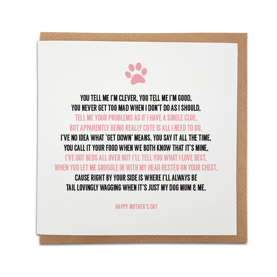 Mother's Day card featuring a heartfelt poem from a dog to its mum, with a cute paw print, by Local Lingo.