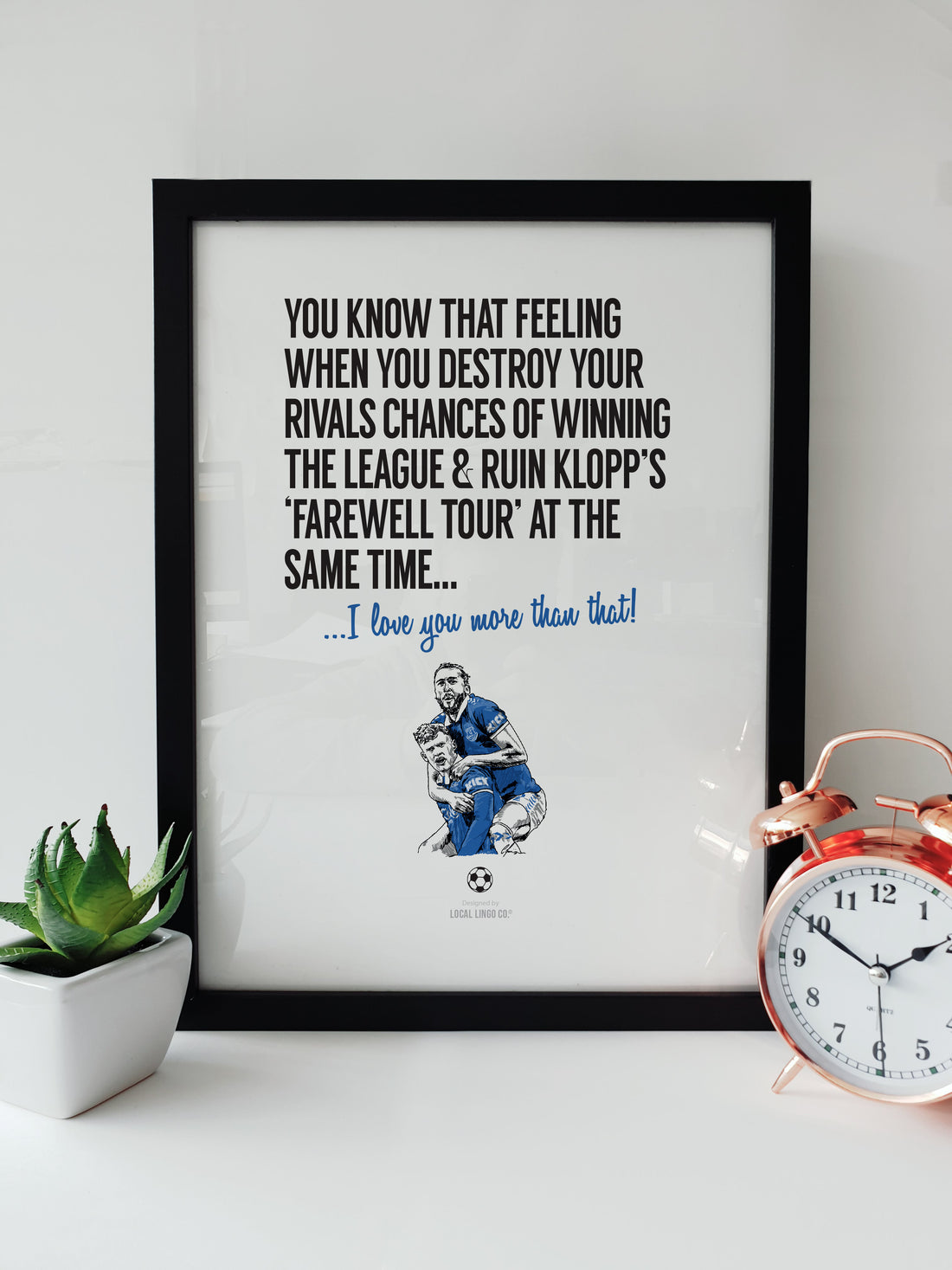 Illustrative Everton victory print with text commemorating their 2-0 win over Liverpool, capturing the spirit of the derby. HANDRAWN ILLUSTRATION OF Branthwaite & Dominic Calvert-Lewin CELEBRATING