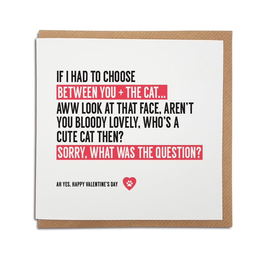 A handmade funny Valentine's Day Card, perfect for cat lovers. Card reads: If I had to choose between you and the cat...Aww look at that face, aren't you bloody lovely. Who's a cute cat then? Sorry, what was the question? Ah yes Happy Valentine's Day