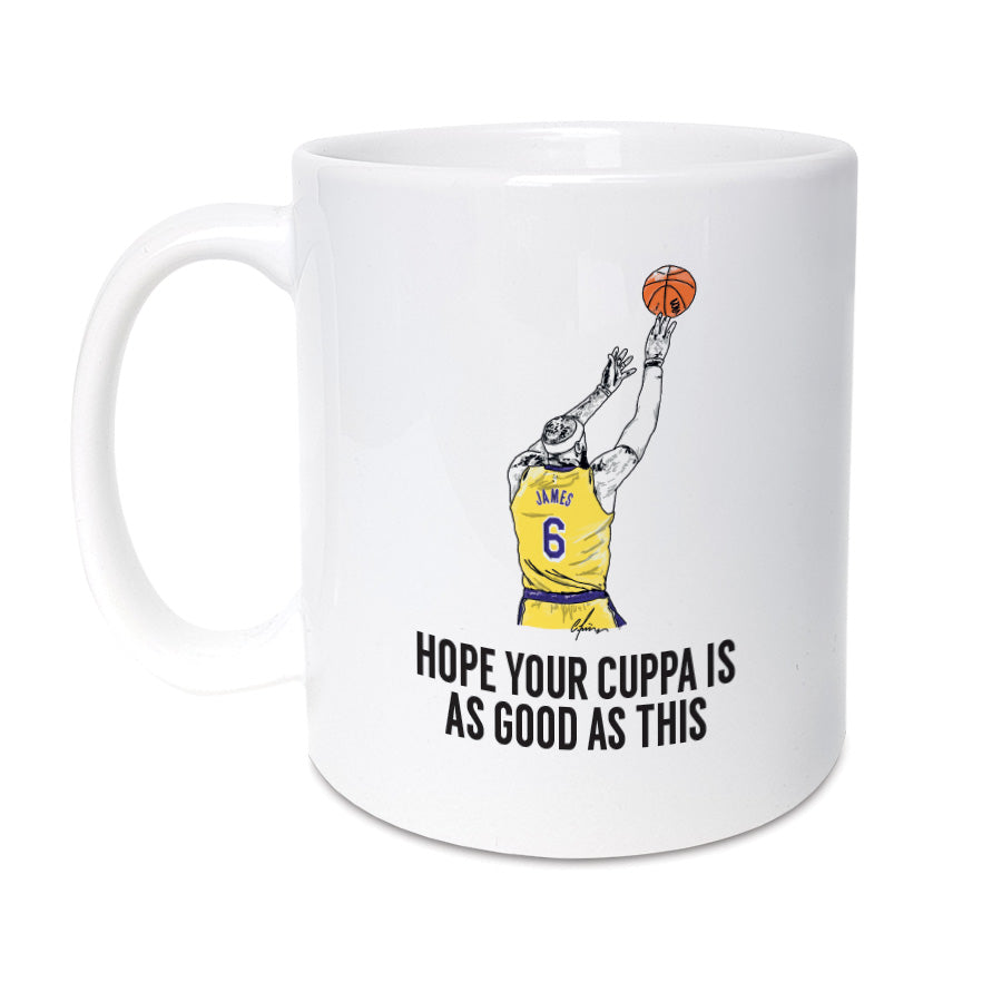 LA LAKERS COFFEE CUP LEBRON JAMES ILLUSTRATION DRAWING OF FAMOUS RECORD BREAKING POINT SCORING MOMENT FADEAWAY JUMPER SIGNATURE MOVE ON A COFFEE CUP DESIGNED BY A TOWN CALLED HOME