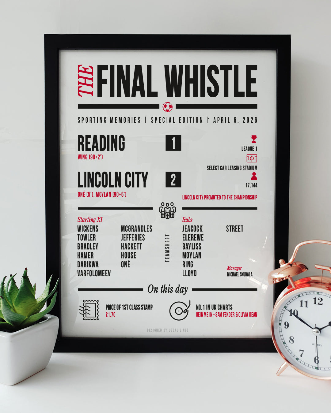 Framed "The Final Whistle" stats print celebrating Lincoln City's historic 2-1 promotion-clinching victory over Reading on April 6, 2026. Features the scoreline, goalscorers Oné and Moylan (including the 96th-minute winner), manager Michael Skubala, full starting XI, attendance of 17,144, and match trivia in black and red text. Football match report art displayed next to a small green succulent plant and a copper alarm clock, designed by Local Lingo.