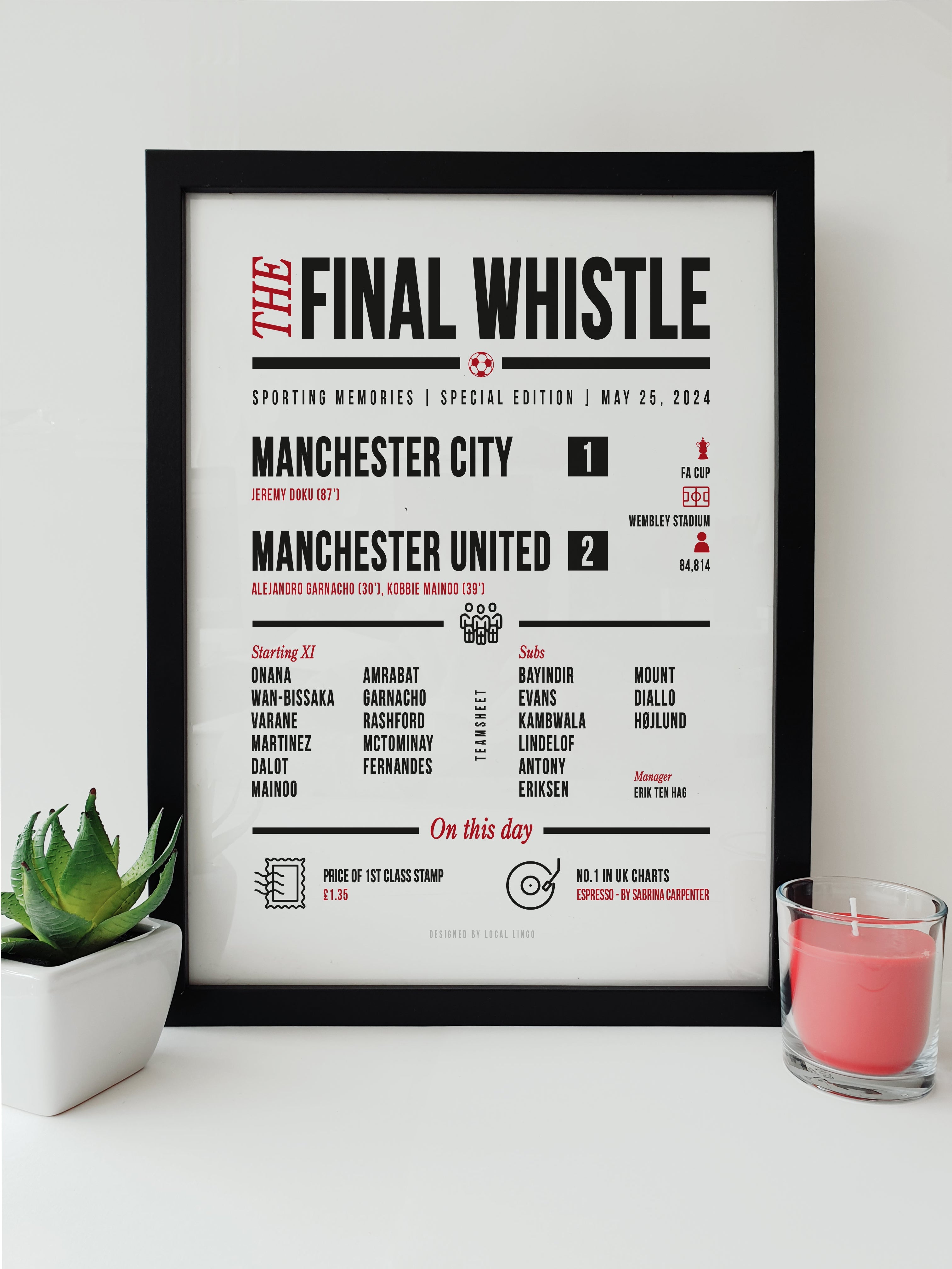 Manchester United FA Cup Final 2024 match report 'the final whistle' print featuring team lineups, key moments, and historical facts by Local Lingo.