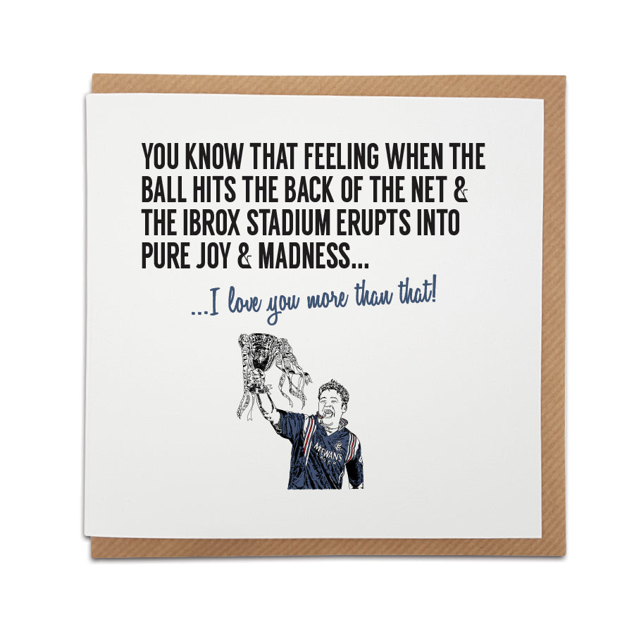 Handmade Glasgow Rangers Football Fan Card featuring Ally McCoist. Celebrate the team's victories with this unique card DESIGNED BY LOCAL LINGO