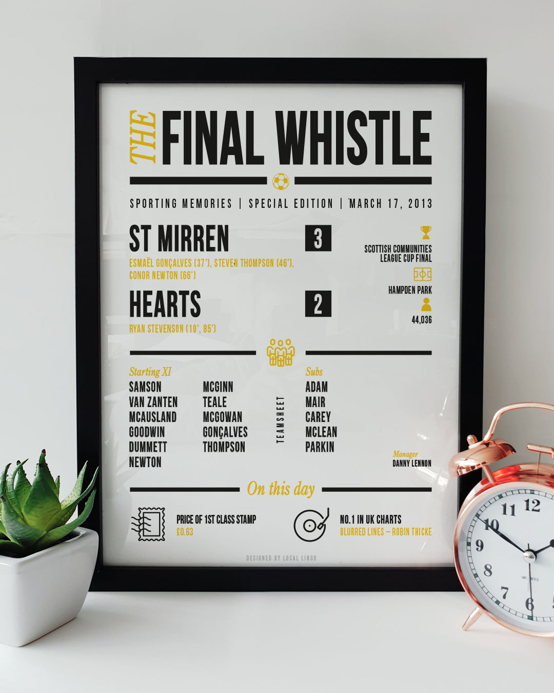 St Mirren 3–2 Hearts League Cup Final 2013 match report print by Local Lingo featuring teamsheet, score and Hampden Park details