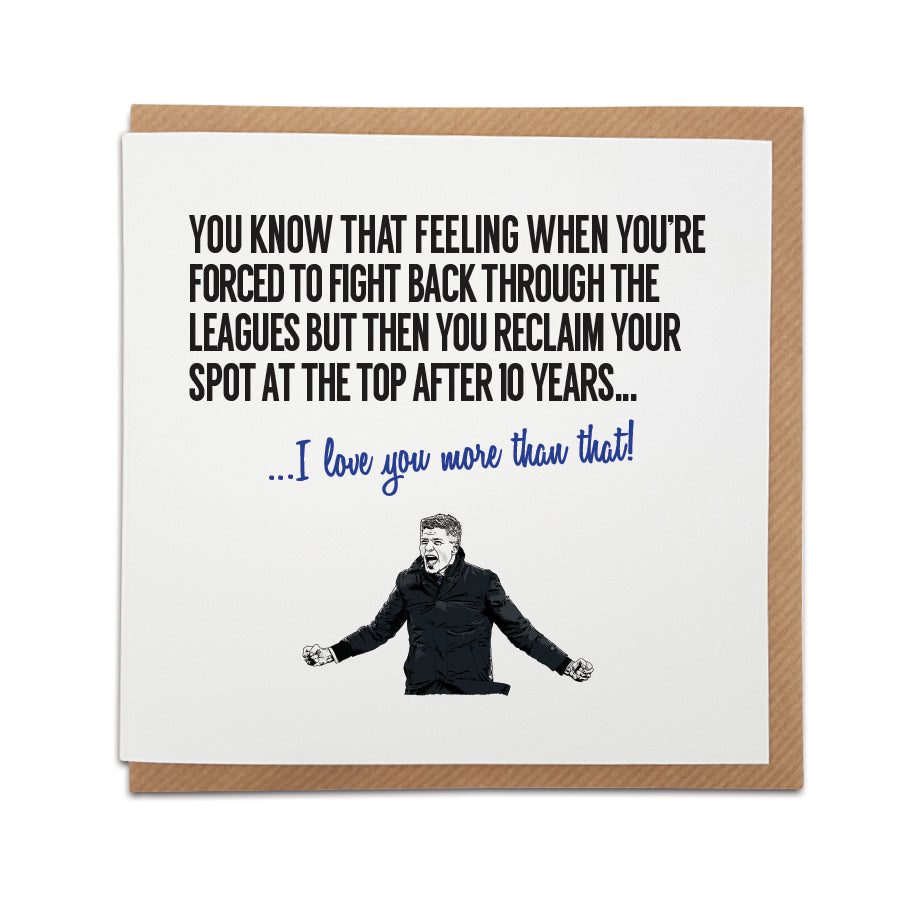 Handmade Glasgow Rangers Football Fan Card featuring Steven Gerrard. Celebrate the 2020/2021 season with this unique card.