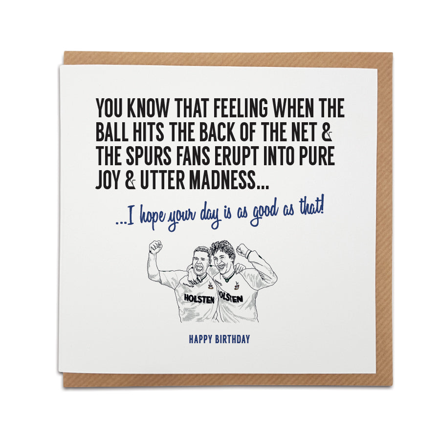 A handmade Tottenham Hotspur Football Fan Birthday Card. A unique card, perfect for Spurs fans, featuring illustration of legends Paul Gasgoigne & Gary Lineker.