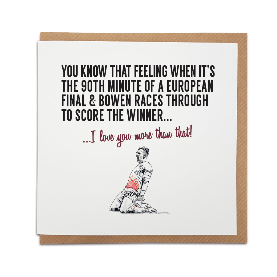 west ham united football club greetings card featuring an illustration of jarrod bowen celebrating scoring the winning goal in the euro final 2023 designed by local lingo