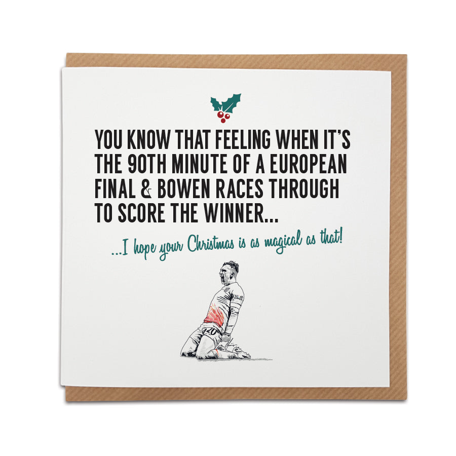 West Ham United Christmas greeting card featuring Jarrod Bowen celebrating a winning goal, set against a festive background with seasonal decorations.