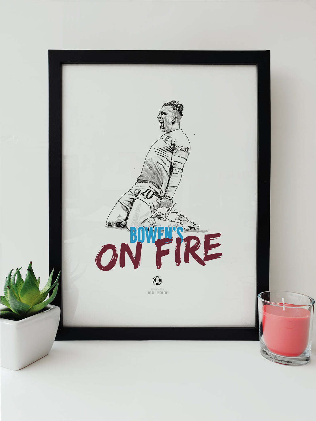 West Ham United FC themed print by Local Lingo - High-quality art print featuring an illustration of Jarrod Bowen celebrating his winning goal in the 90th minute of the Europa Conference League Final. The print showcases the iconic fan chant "Bowen's on Fire" and commemorates the team's victory. A perfect addition to any Hammers fan's collection and a great way to display team pride.