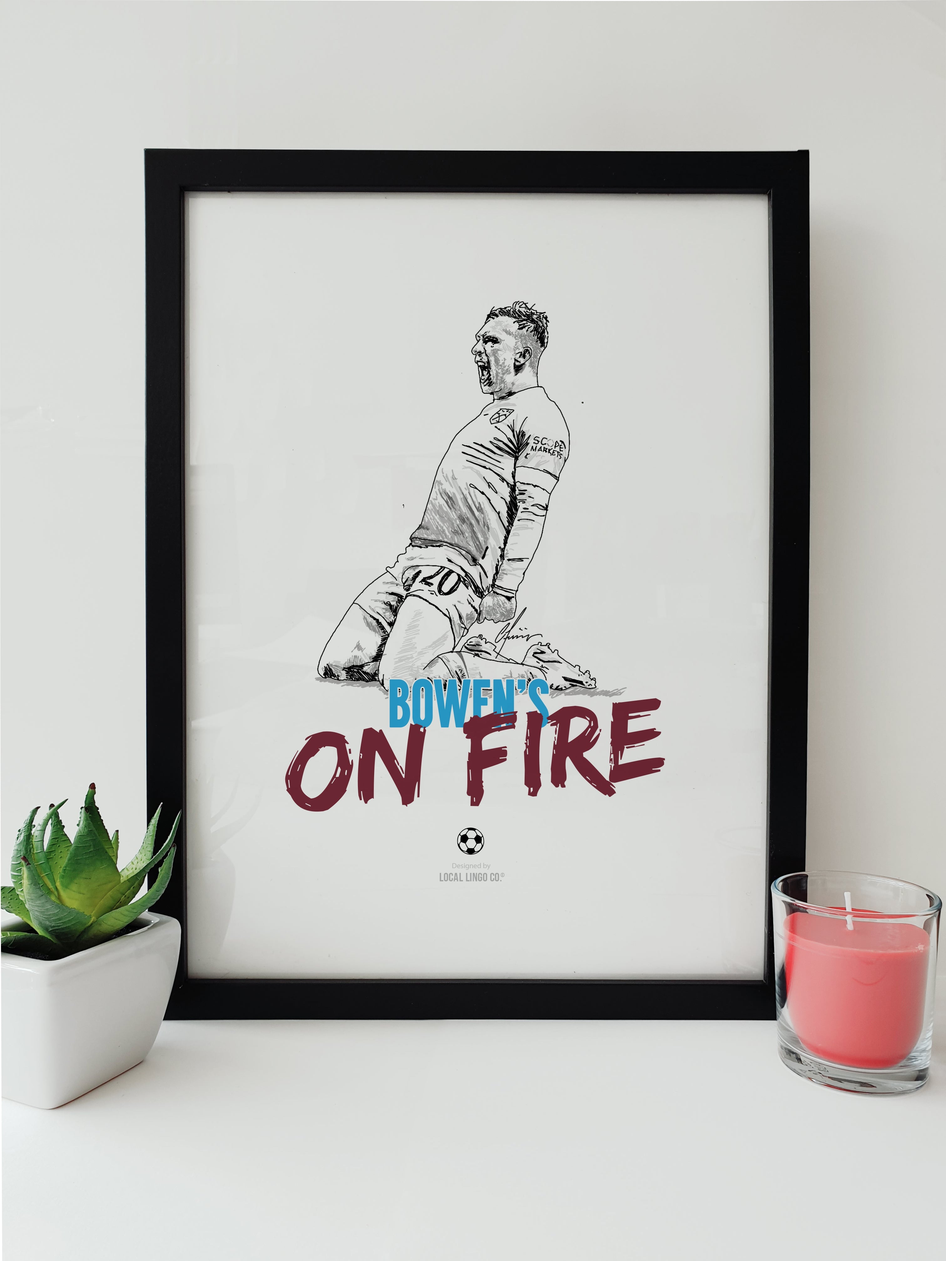 West Ham United FC themed print by Local Lingo - High-quality art print featuring an illustration of Jarrod Bowen celebrating his winning goal in the 90th minute of the Europa Conference League Final. The print showcases the iconic fan chant "Bowen's on Fire" and commemorates the team's victory. A perfect addition to any Hammers fan's collection and a great way to display team pride.