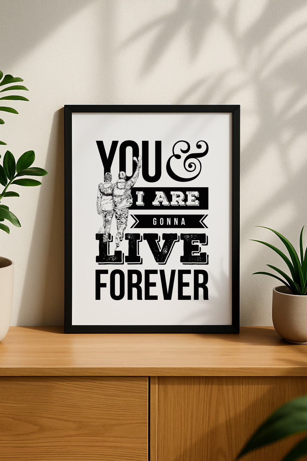 oasis fan art poster lyrics or live forever displayed in a modern frame. Features illustration of noel and liam gallagher cuddling after walking on stage during the first reunion show. designed by local lingo
