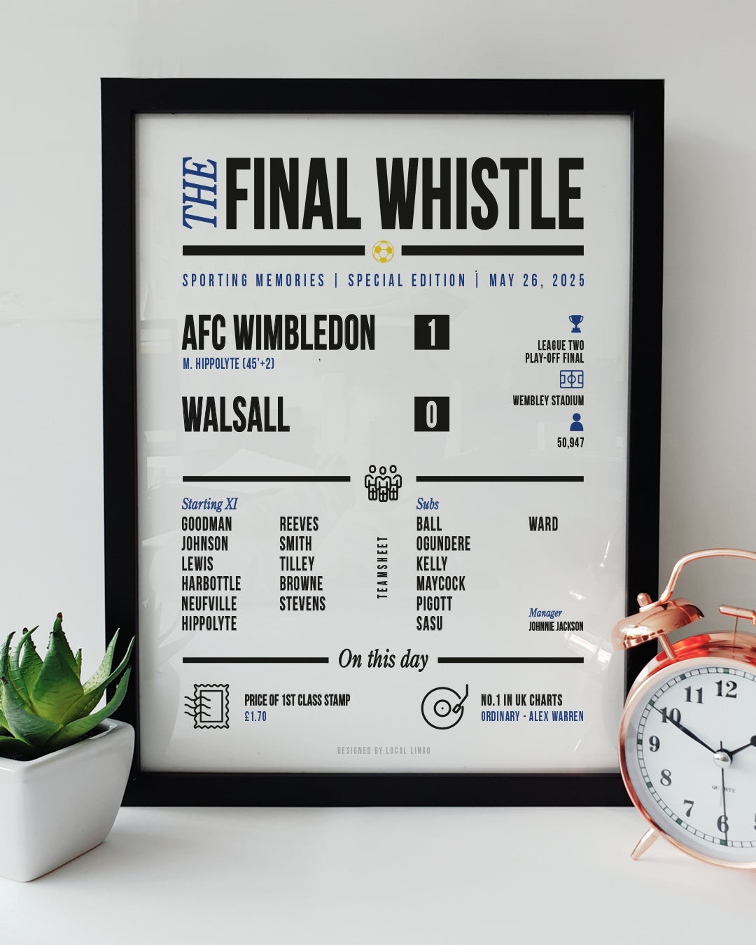 Framed Final Whistle print of AFC Wimbledon 1–0 Walsall League Two Play-Off Final 2025, including match stats and team sheet, by Local Lingo.