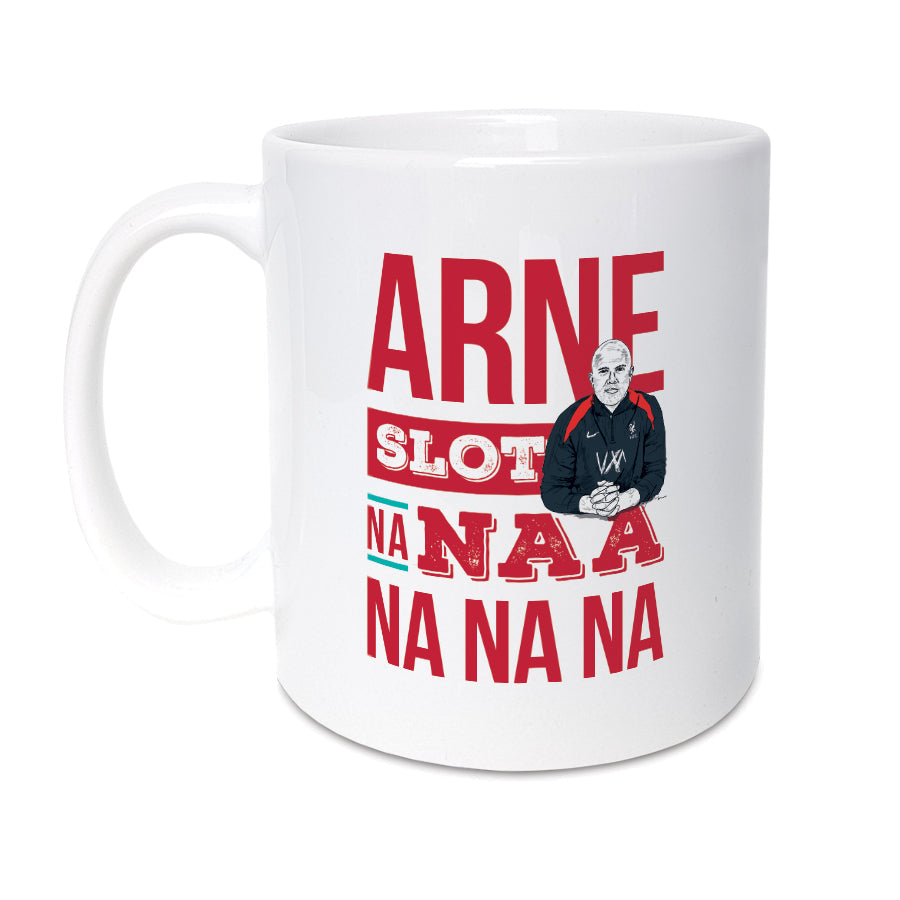 11oz ceramic mug by Local Lingo featuring a hand-drawn illustration of Arne Slot and the Liverpool chant "Arne Slot Na Naa Na Na Na Na!" in bold red and white typography. Perfect for Liverpool football fans and supporters.