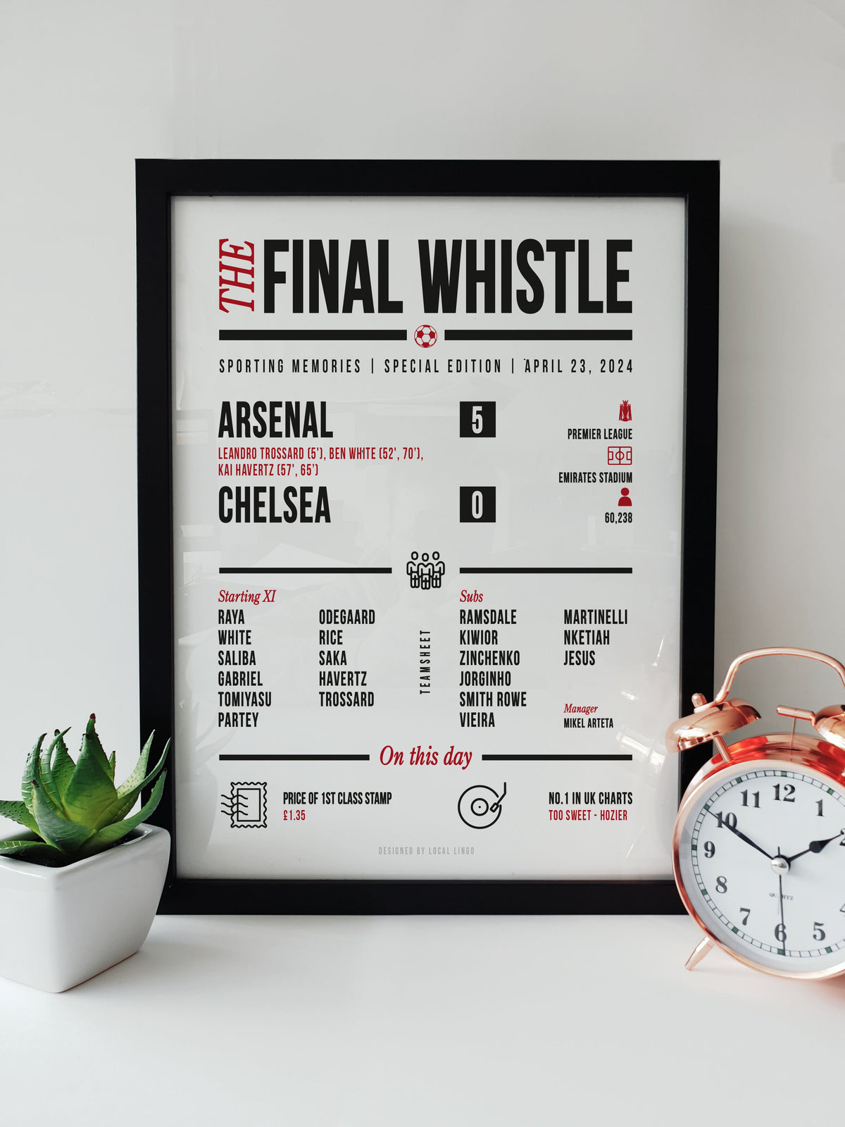Local Lingo’s Arsenal 5-0 Chelsea victory print, featuring match details and team line-up, captures the spirit of a historic Premier League win. The final whistle newspaper style keepsake