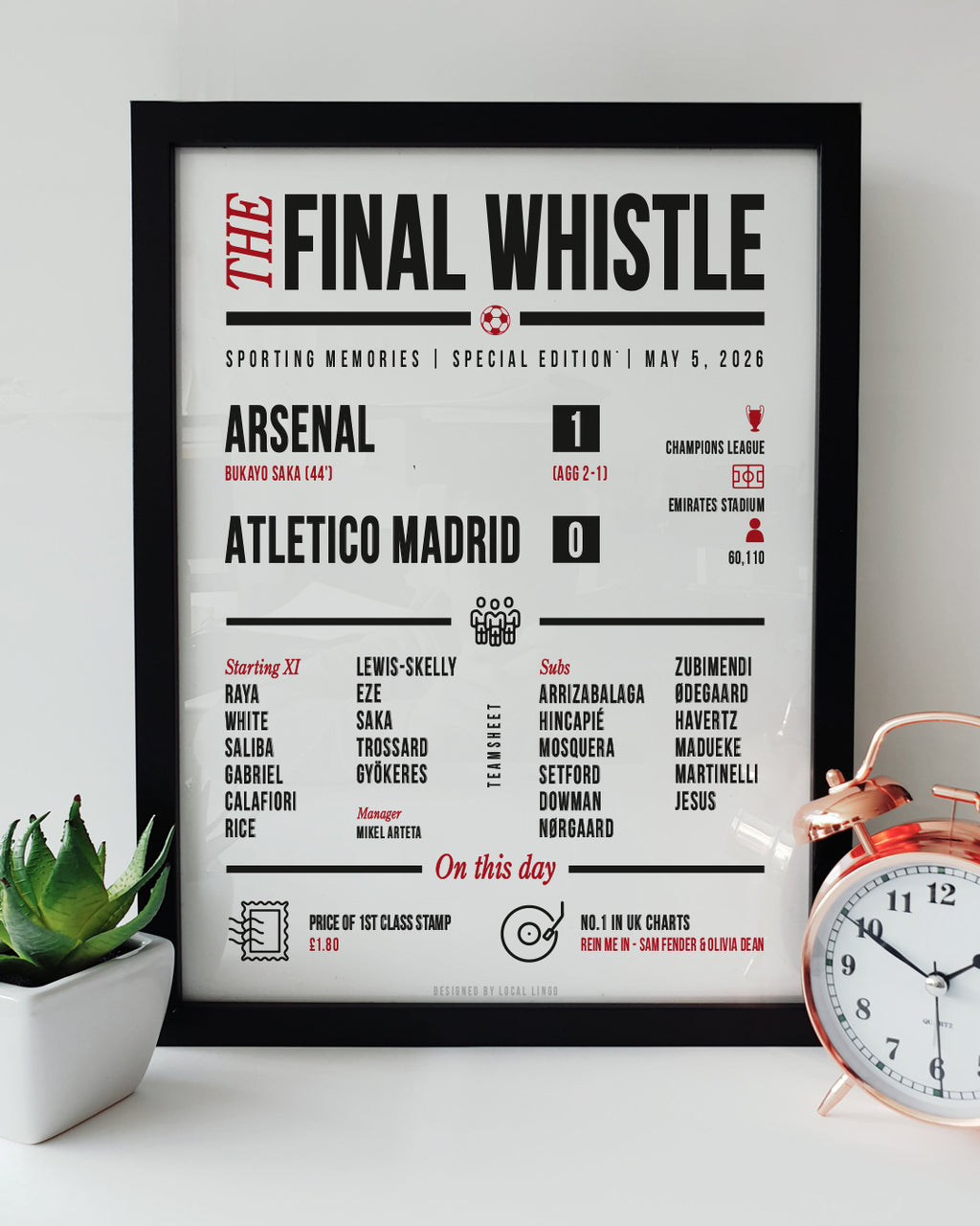 Framed "The Final Whistle" stats print celebrating Arsenal's 1-0 Champions League Semi-Final victory over Atletico Madrid on May 5, 2026. Features the scoreline, Bukayo Saka's 44th-minute goal, manager Mikel Arteta, full starting XI, attendance of 60,110, and match trivia in black and red text. Football match report art displayed next to a small green succulent plant and a copper alarm clock, designed by Local Lingo.