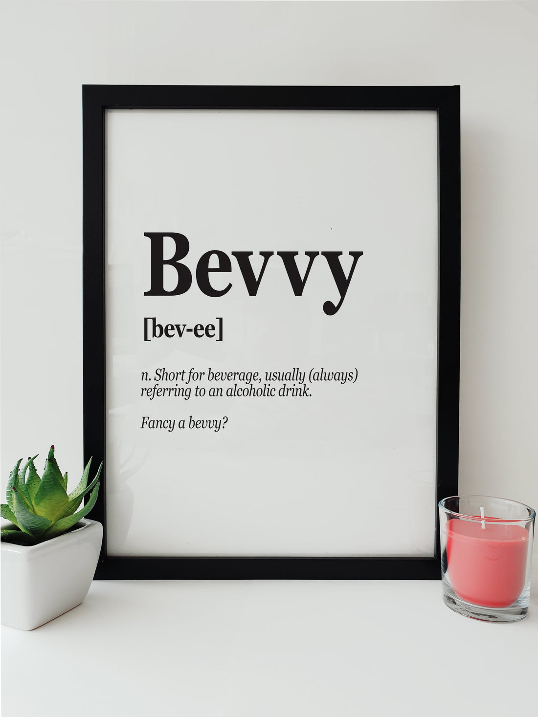 Typographic print by Local Lingo displaying the Liverpool slang 'Bevvy' with its definition and pronunciation, capturing the city's social charm in A3 or A4 size.