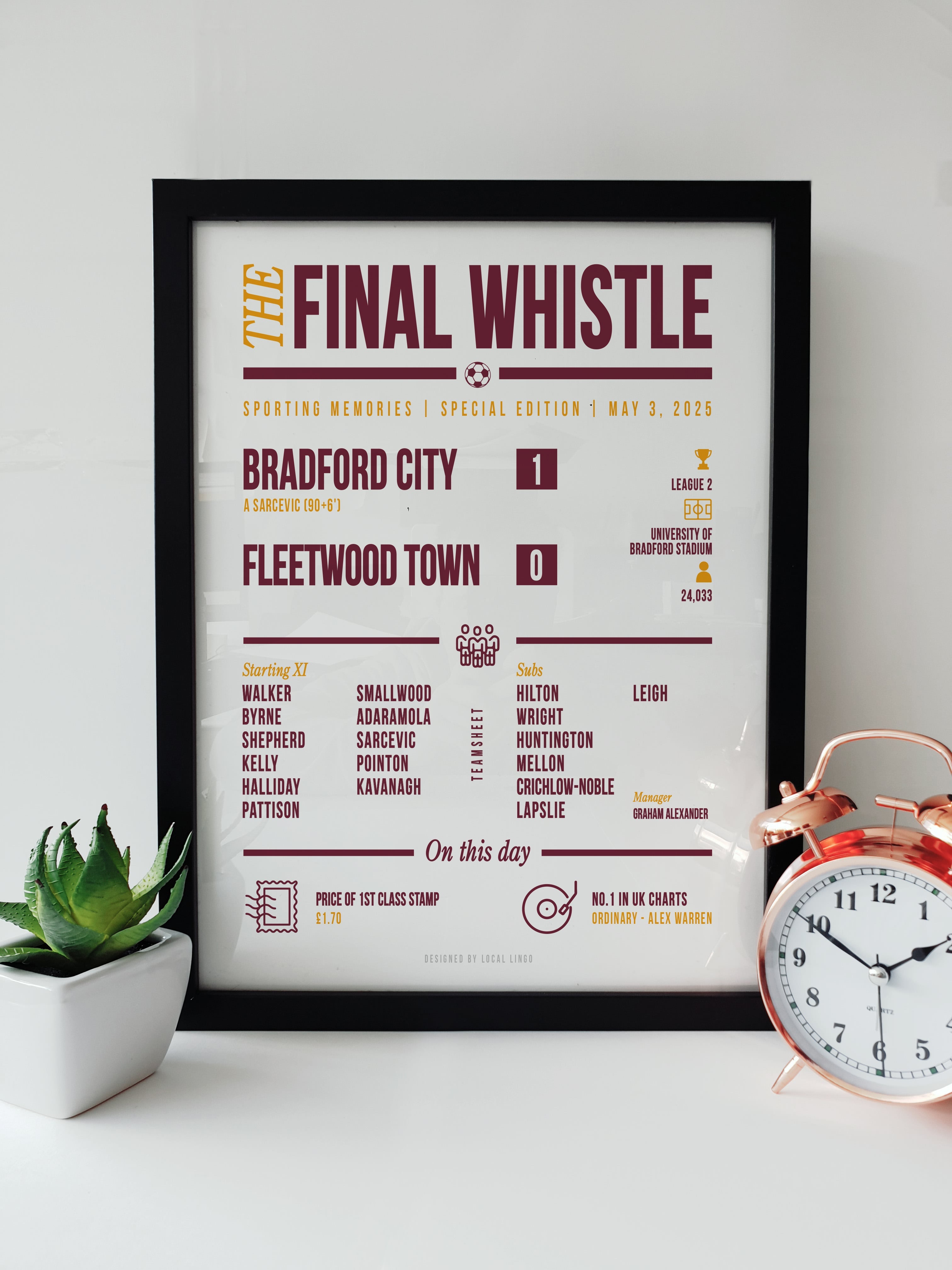 Local Lingo Bradford City football print showing 1–0 win over Fleetwood Town on 3 May 2025, with Sarcevic 90+6’ winner and full match details.