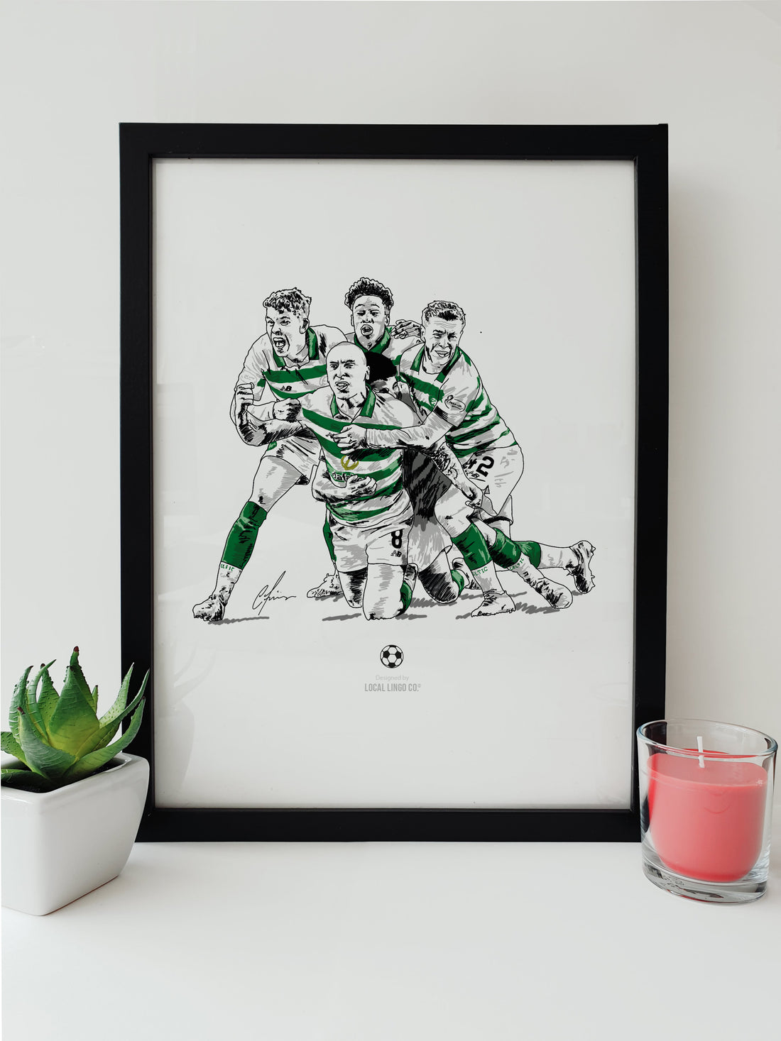 Hand-drawn illustration of Celtic FC players in celebration, capturing the joy of victory, from Local Lingo's exclusive football print collection.