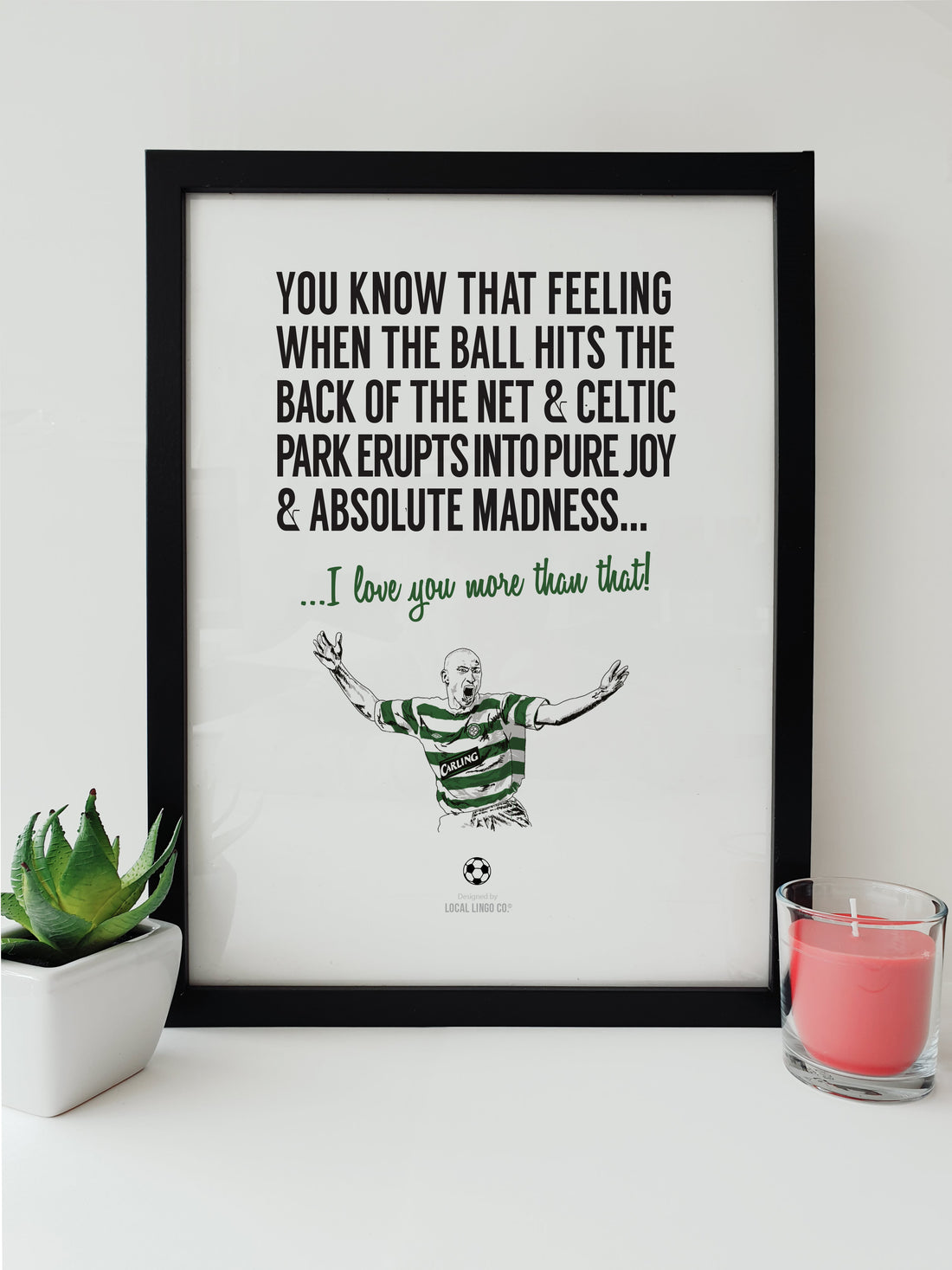 Celtic FC's Henrik Larsson celebration illustration on a print, evoking the excitement of a goal at Celtic Park, from Local Lingo.