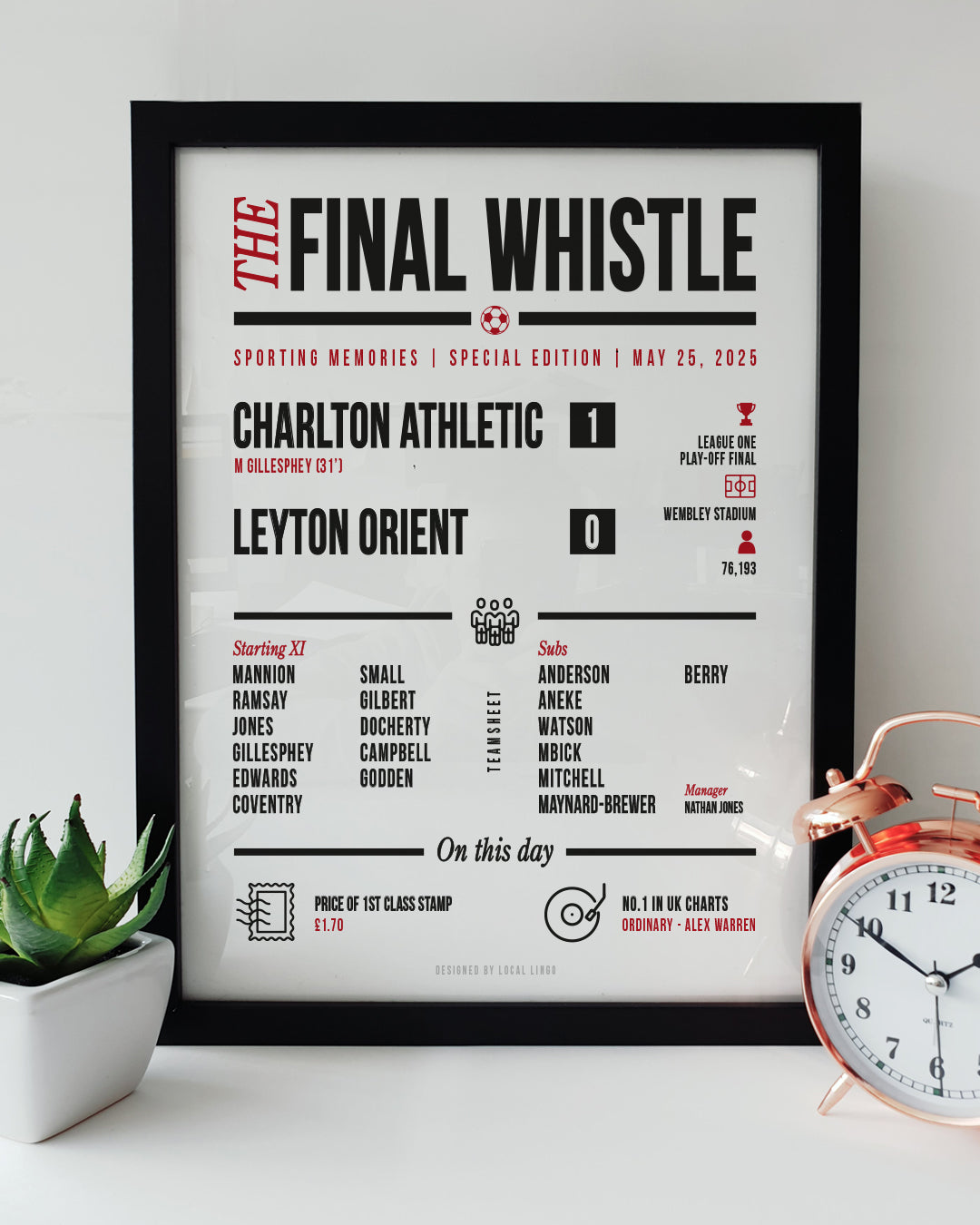 Framed print showing Charlton Athletic 1–0 Leyton Orient League One Play-Off Final 2025 match report and team sheet, designed by Local Lingo.
