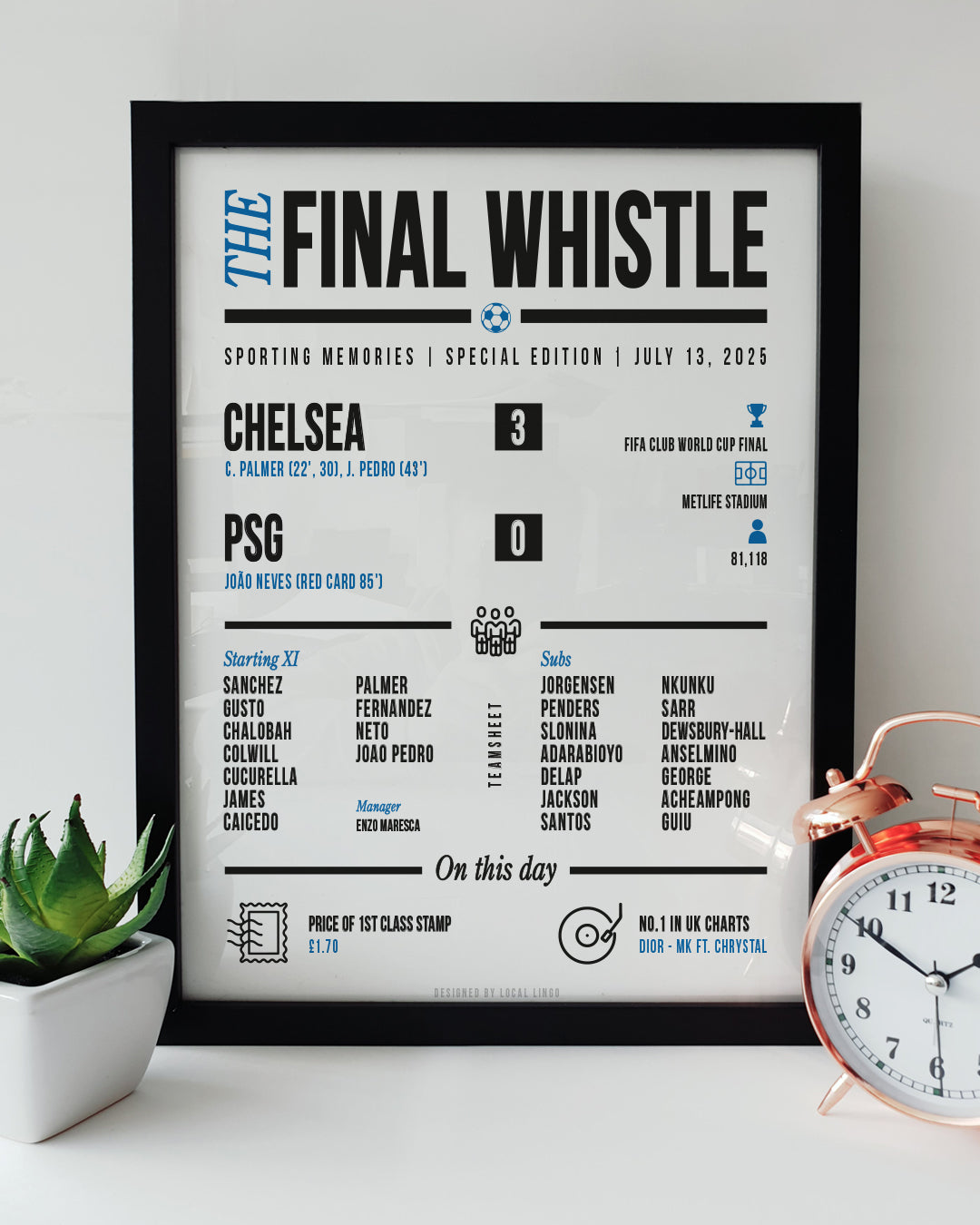 Framed "The Final Whistle" stats print celebrating Chelsea's 3-0 win over PSG in the 2025 FIFA Club World Cup Final. Features scoreline, goalscorers (Palmer, Pedro), starting XI, and match date July 13, 2025. Football match report art designed by Local Lingo.