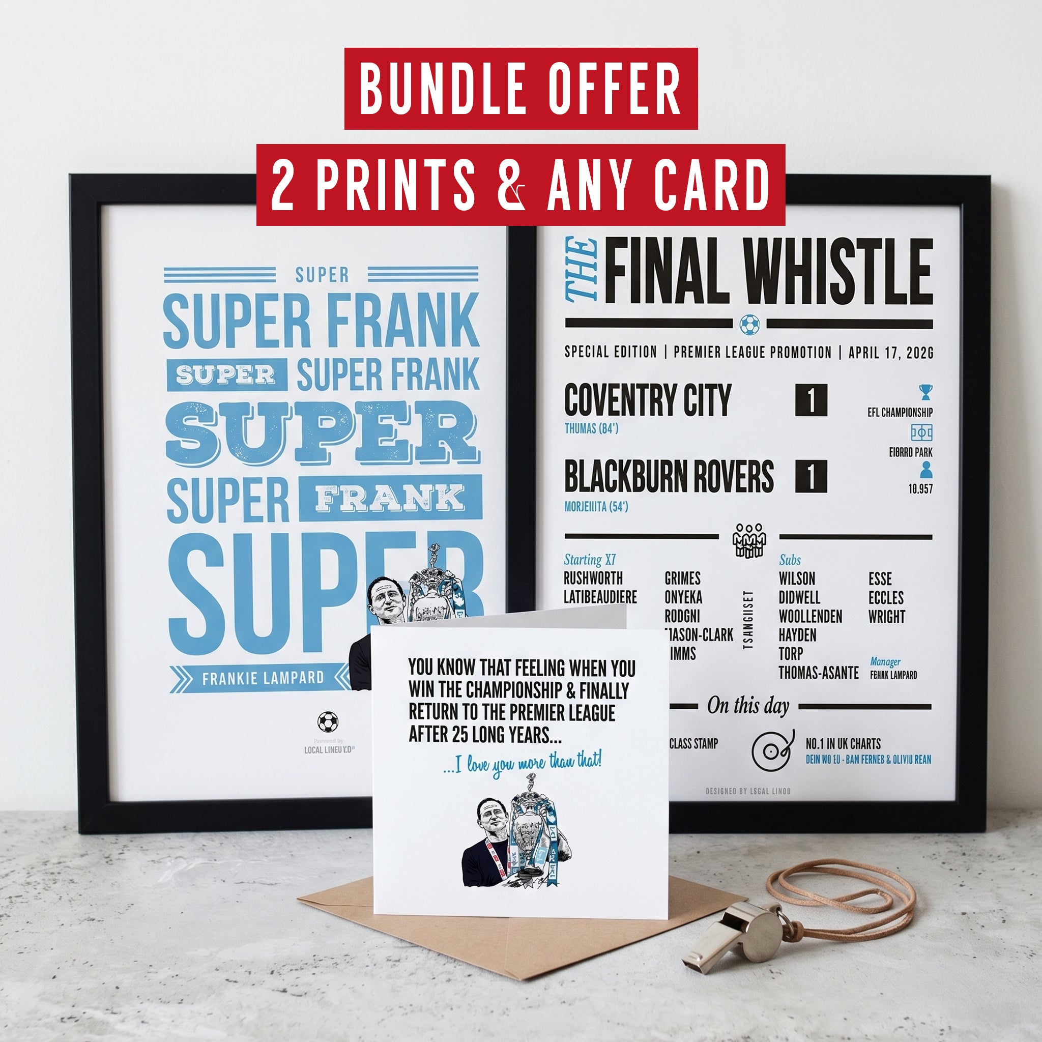 A promotional image for a Coventry City £30 football gift bundle, featuring two framed prints and a greeting card. A red banner at the top reads "BUNDLE OFFER 2 PRINTS & ANY CARD". The framed print on the left features a sky blue typographic design reading "Super Super Frank". The framed print on the right displays "The Final Whistle" match report for Coventry City's promotion-winning 1-1 draw against Blackburn Rovers. In the foreground rests a square greeting card on a brown kraft envelope, featuring an il