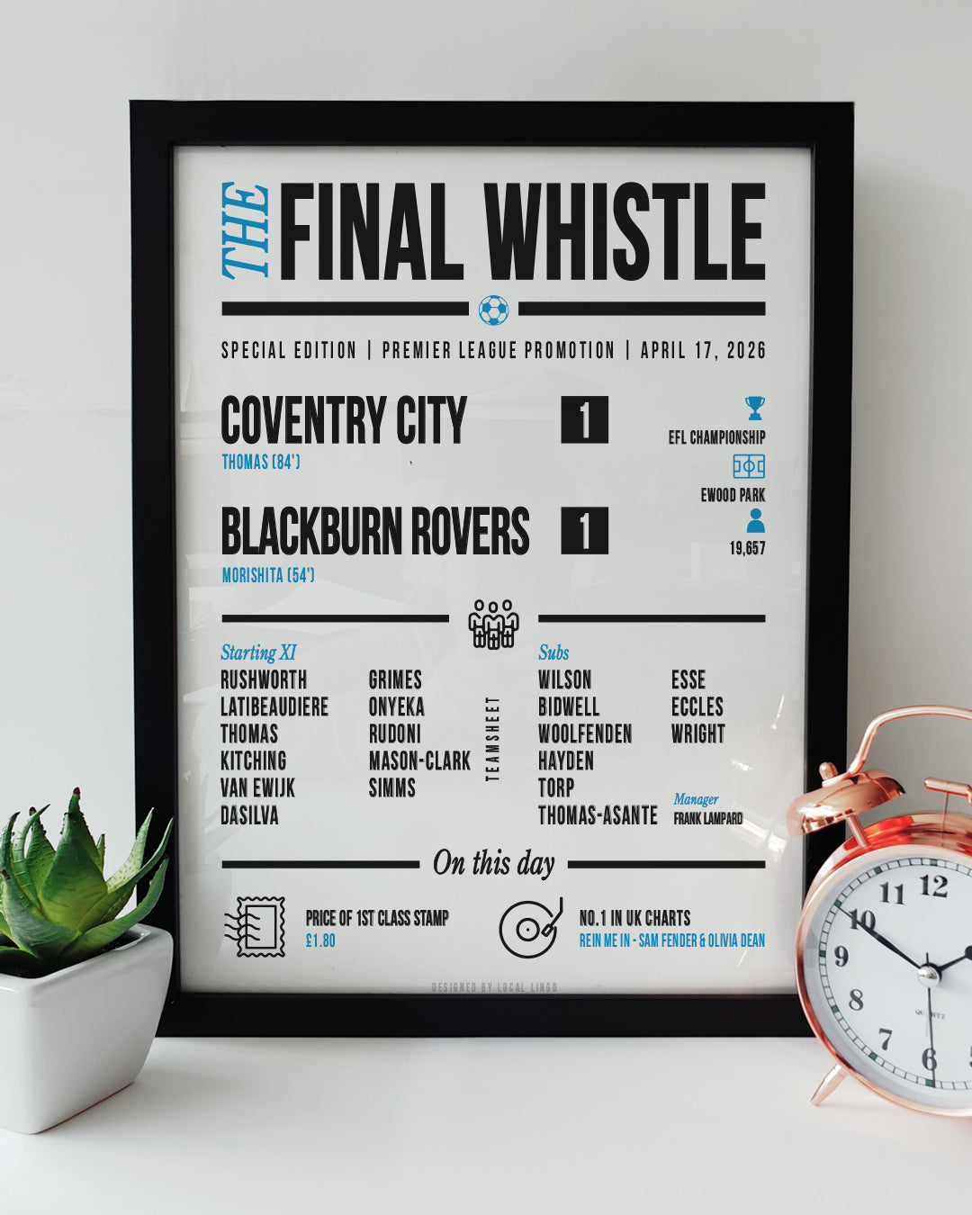 Framed "The Final Whistle" stats print celebrating Coventry City's Premier League Promotion after a 1-1 draw with Blackburn Rovers on April 17, 2026. Features the scoreline, Thomas's 84th-minute equalising goal, manager Frank Lampard, full starting XI, attendance of 19,657, and match trivia in black and sky blue text. Football match report art displayed next to a small green succulent plant and a copper alarm clock, designed by Local Lingo.