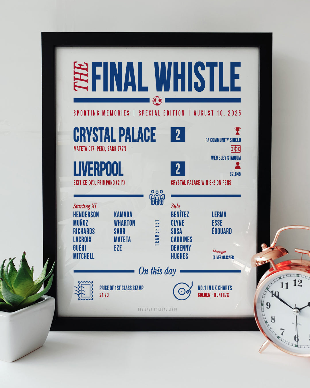 A framed 'Final Whistle' football keepsake print celebrating Crystal Palace's 2025 FA Community Shield penalty shootout victory over Liverpool at Wembley Stadium. The print features the match stats, starting lineup, and "On this day" trivia in red and blue text. It is displayed on a white surface next to a small green potted plant and a classic copper alarm clock. Modern football memorabilia designed by Local Lingo.
