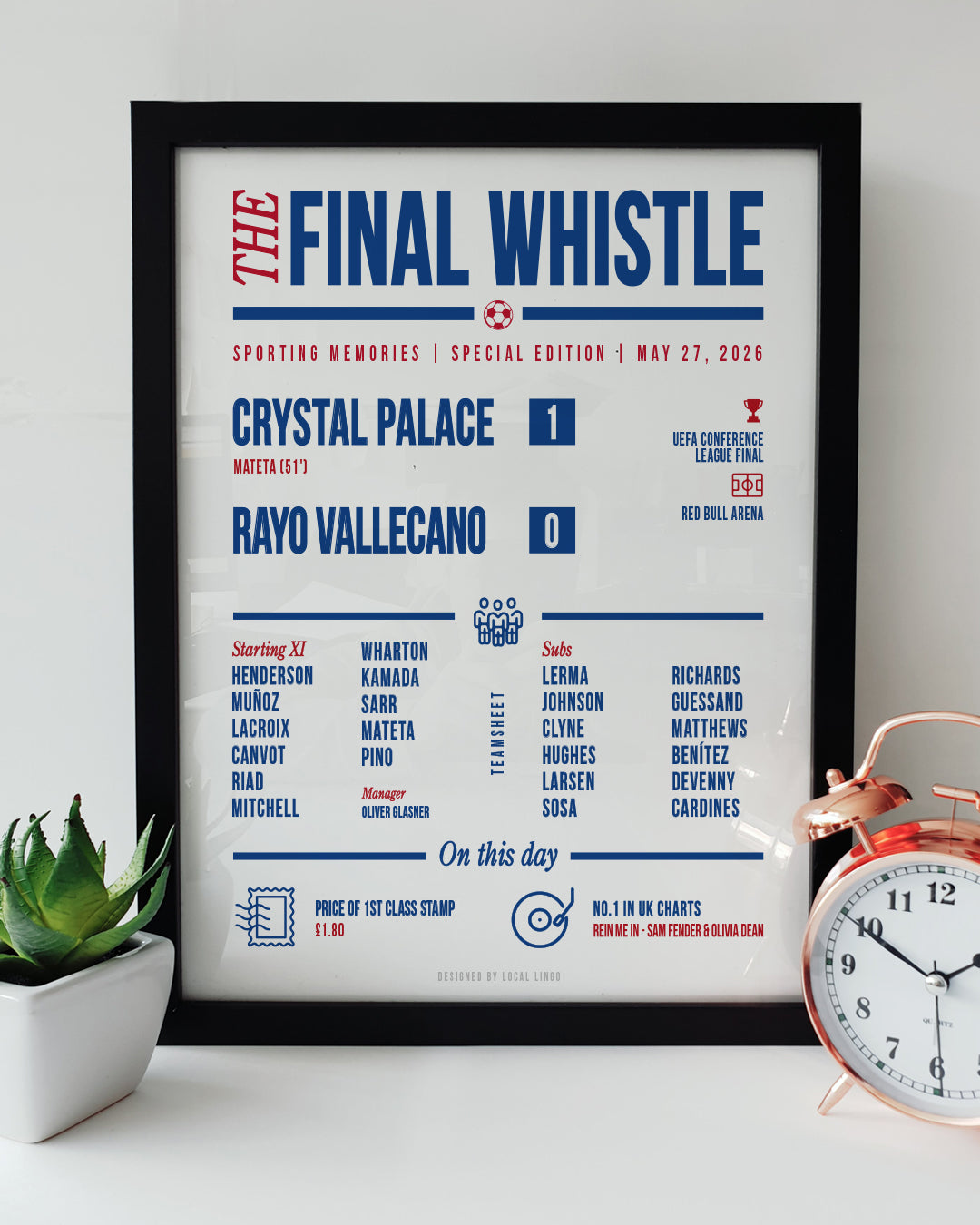 A framed 'Final Whistle' football keepsake print celebrating Crystal Palace's 2026 UEFA Conference League Final 1 to 0 victory over Rayo Vallecano at the Red Bull Arena. The print features the match stats, starting lineup, and "On this day" trivia in red and blue text. It is displayed on a white surface next to a small green potted plant and a classic copper alarm clock. Modern football memorabilia designed by Local Lingo.