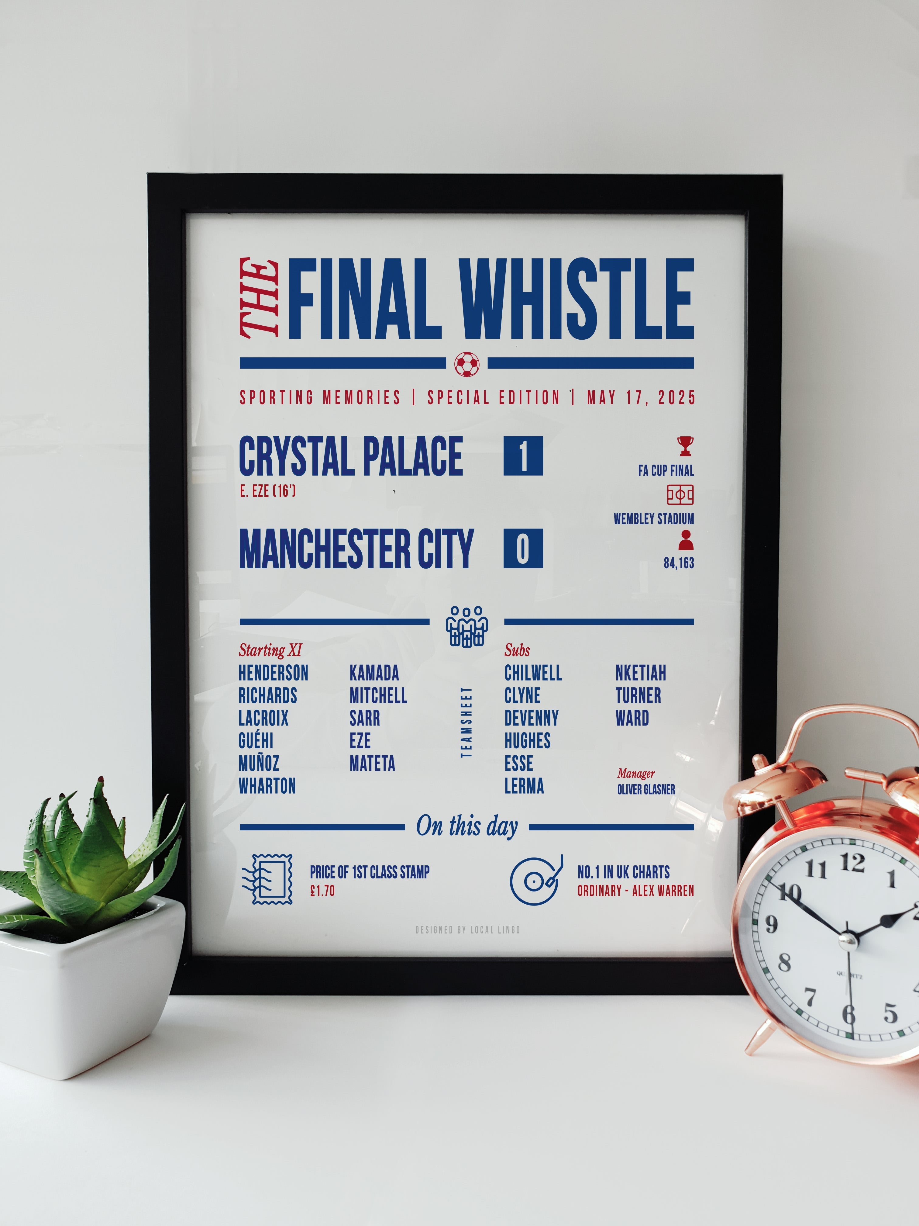 Framed Local Lingo print featuring Crystal Palace 1-0 Manchester City FA Cup Final 2025 match report with Eze's goal and full teamsheet.