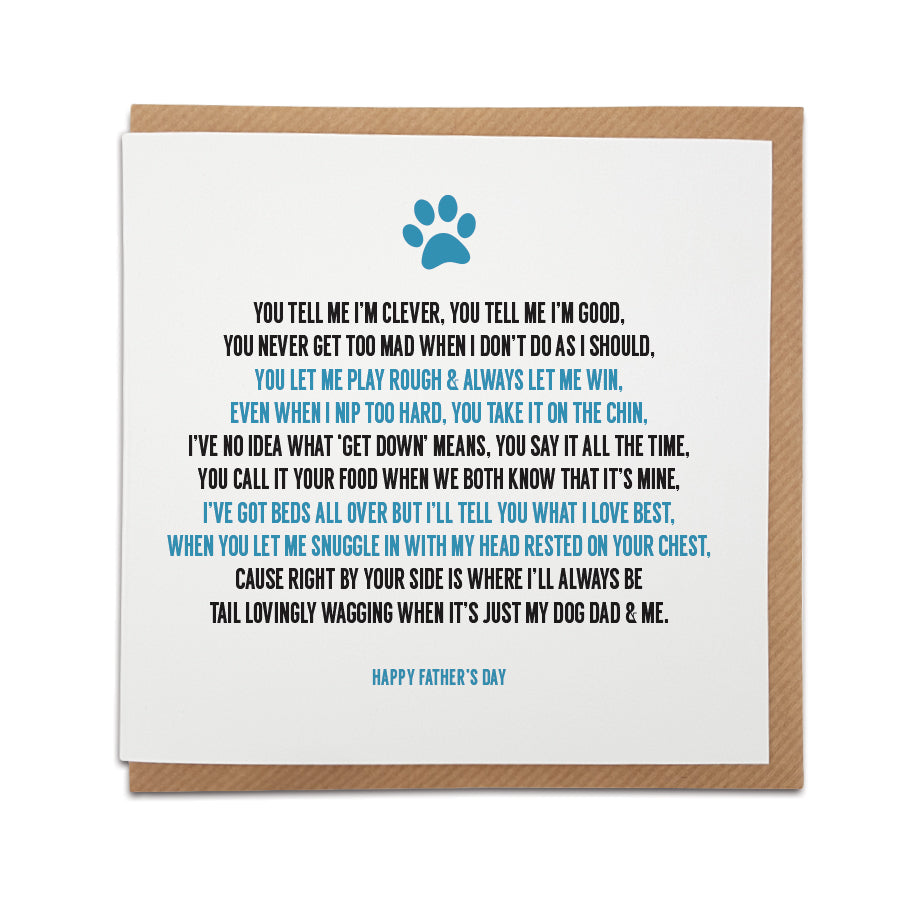 Greeting card with a heartfelt poem for a dog dad, perfect for Father's Day or any occasion, displayed on a white desk. designed by local lingo