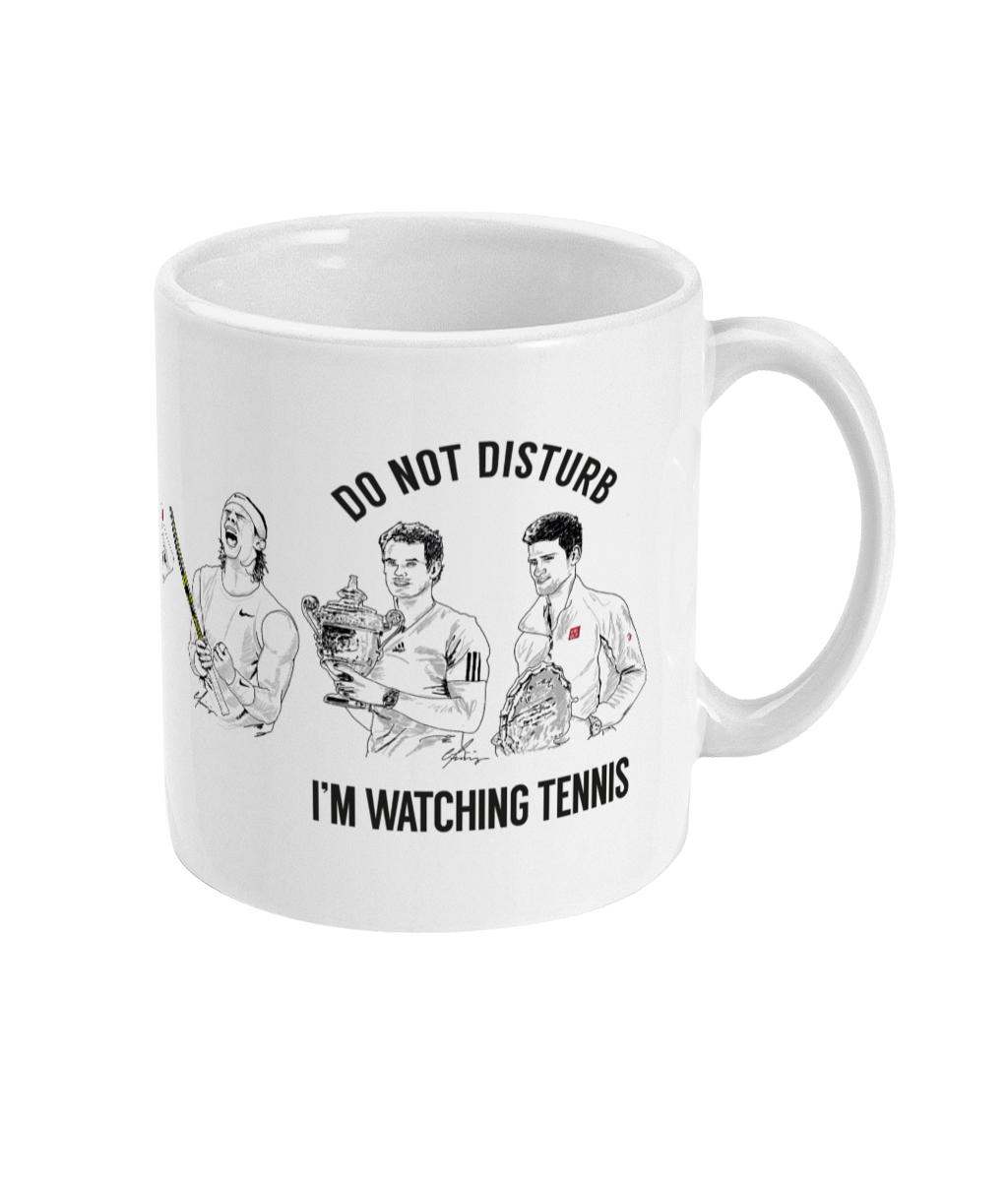 Front right View of 'Do Not Disturb, I'm Watching Tennis' Mug with Andy Murray, Djokovic, Federer & Nadal Illustrations designed by local lingo