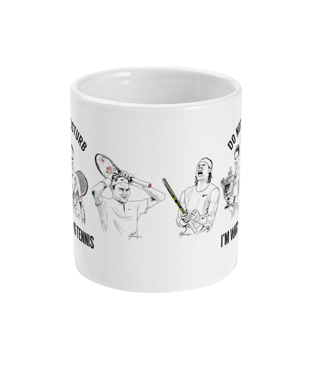 Front Left View of 'Do Not Disturb, I'm Watching Tennis' Mug with Andy Murray, Djokovic, Federer & Nadal Illustrations designed by local lingo