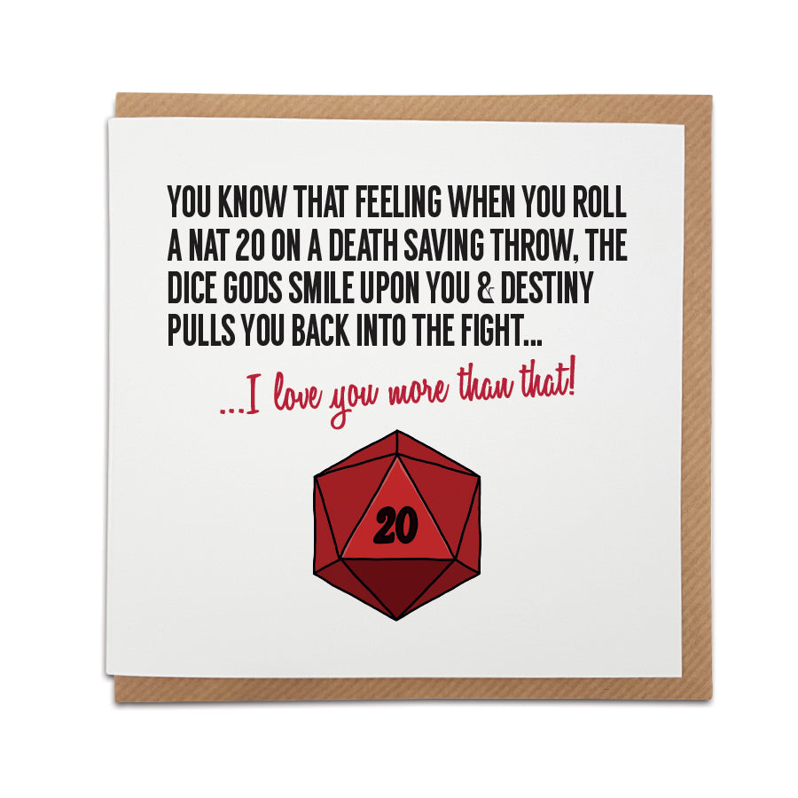Greeting card by Local Lingo featuring a red d20 dice illustration with the text "I love you more than that!" perfect for D&D enthusiasts.