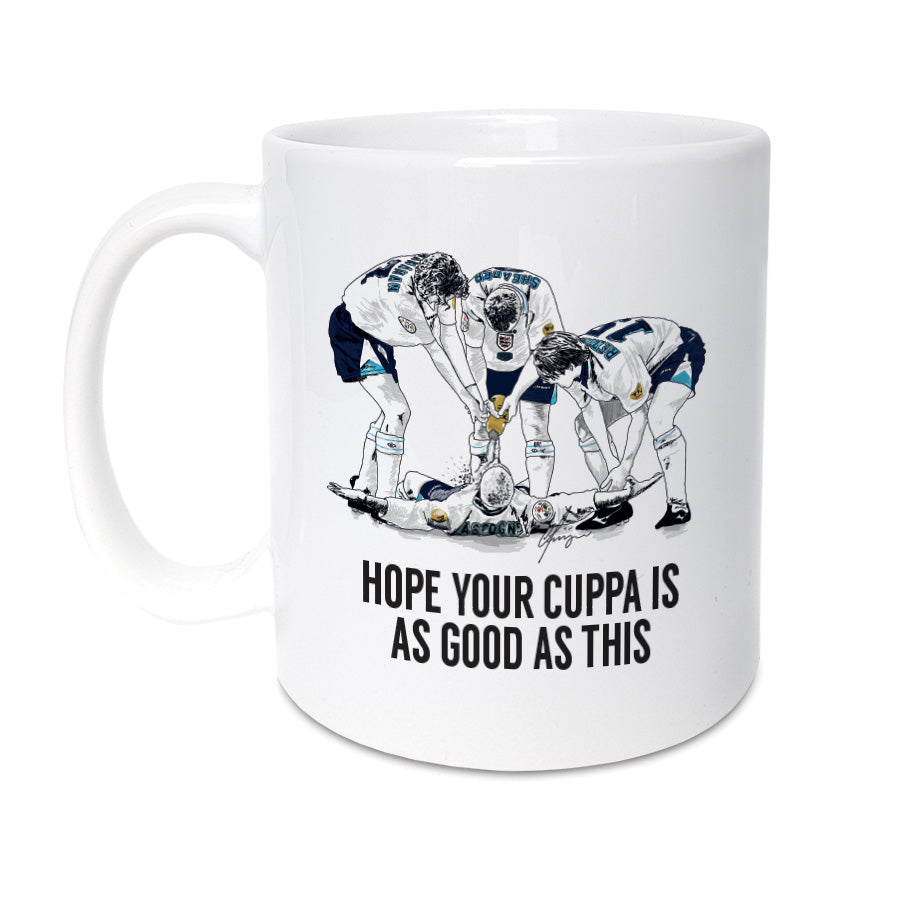 Coffee cup / mug celebrating Euro 96. Dentist chair Gazza.. Mug Reads: I hope your cuppa is as good as this.