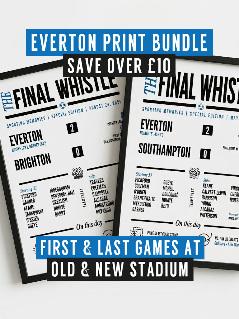 everton football club fan print bundle final game of the season at goodison park and first game at hill dickinson stadium designed by local lingo
