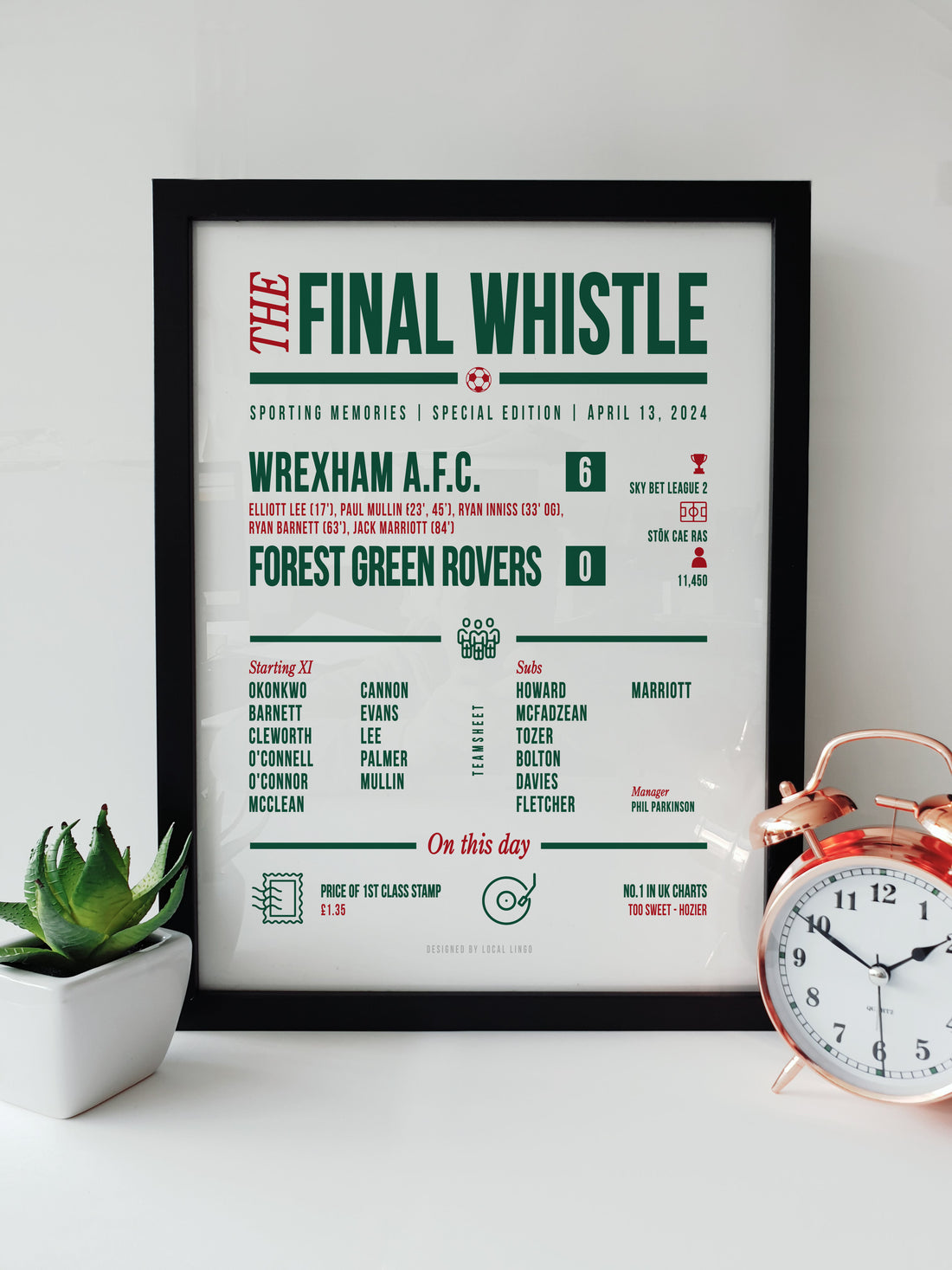 Commemorative Wrexham AFC victory print in a newspaper style, highlighting the historic 6-0 win and back-to-back promotions from Local Lingo.