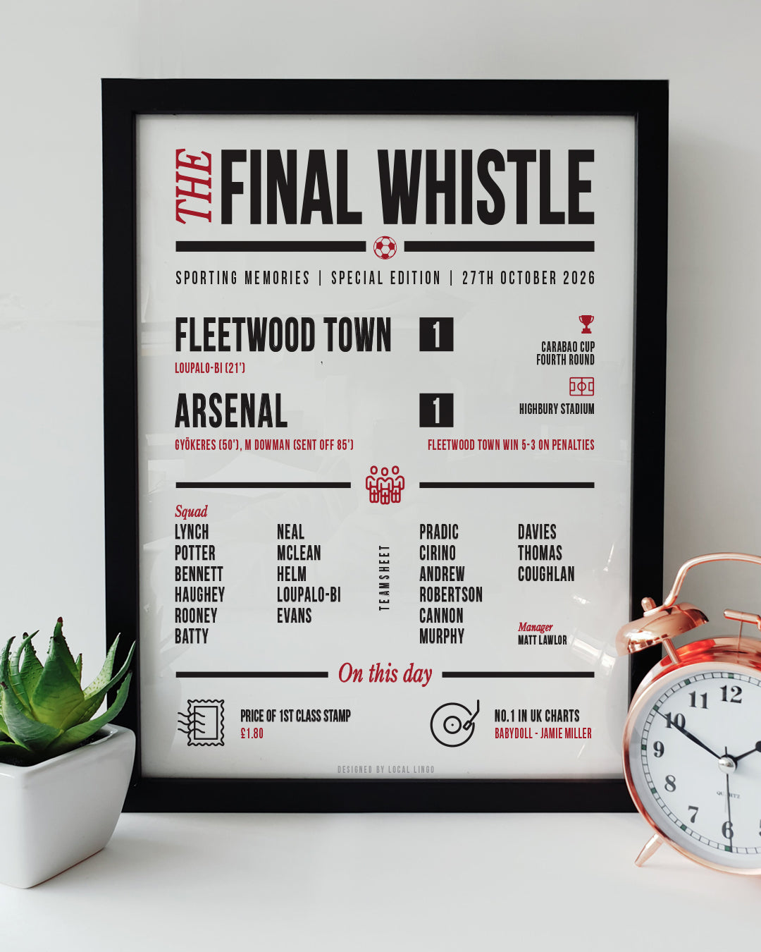 A framed football match report art print resting on a white surface next to a small green potted plant and a classic copper alarm clock. The print is titled "THE FINAL WHISTLE" and displays the match details "FLEETWOOD TOWN 1 - ARSENAL 1" with "FLEETWOOD TOWN WIN 5-3 ON PENALTIES" from 27th October 2026. It features the teamsheet, Carabao Cup Fourth Round details, and "On this day" trivia in black and red text. Fleetwood Town football print designed by Local Lingo.