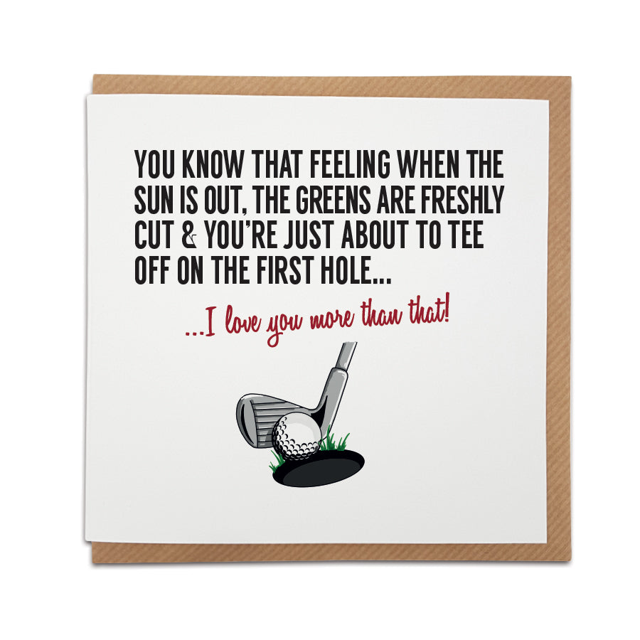 Handmade Golf Themed Greetings Card by Local Lingo. Feel the excitement of a sunny day on the golf course, teeing off on the first hole.