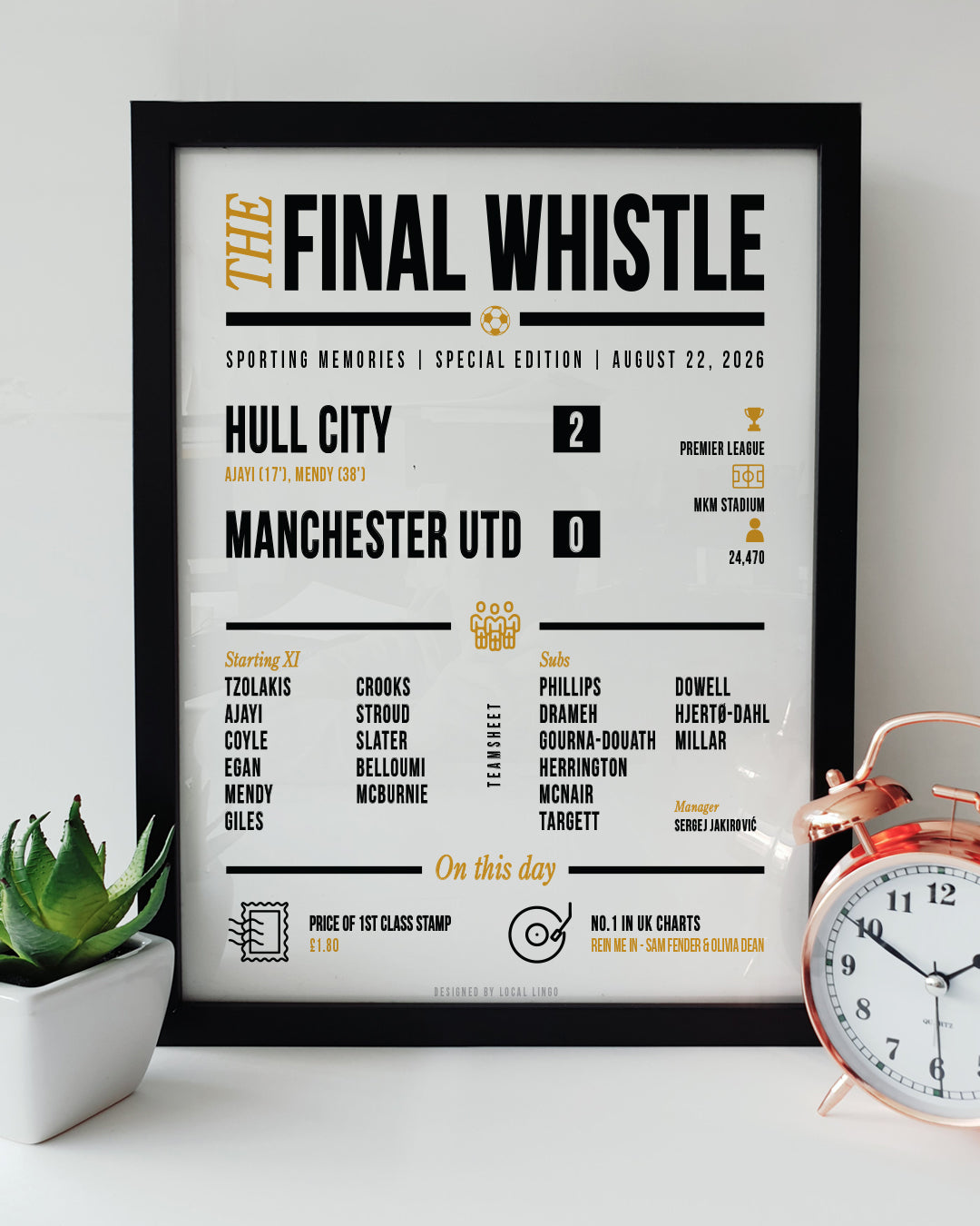 A framed football match report art print resting on a white surface next to a small green potted plant and a classic copper alarm clock. The print is titled "THE FINAL WHISTLE" and displays the match details "HULL CITY 2 - MANCHESTER UTD 0" from August 22, 2026. It features the teamsheet, attendance, and "On this day" trivia in black and amber text. Hull City football print designed by Local Lingo.