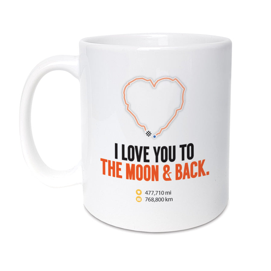 A unique Strava running themed Mug. Perfect for avid runners.   11oz Mug reads: I love you to the moon & back. (then shows distance) 477,710 mi 768,800 km