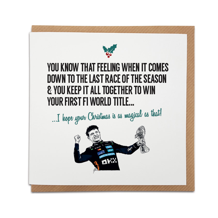 Lando Norris Formula 1 Christmas card featuring illustrated Abu Dhabi 2025 world title win, festive F1 greeting card, 6 x 6 inch square by Local Lingo